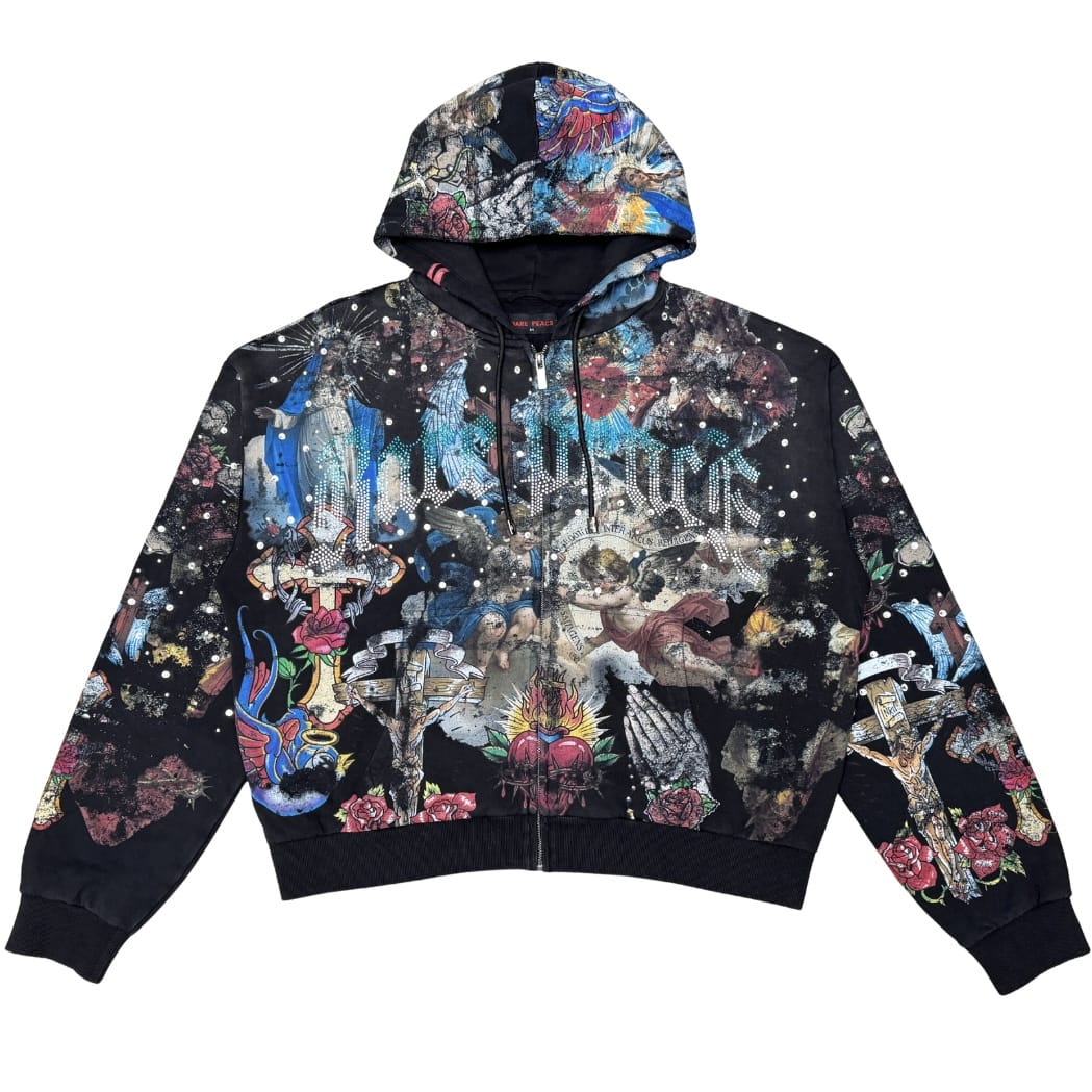 Rare Peace Washed Aop Zip Up Hoodie & Jogger W/ Rhinestones Set (Black)
