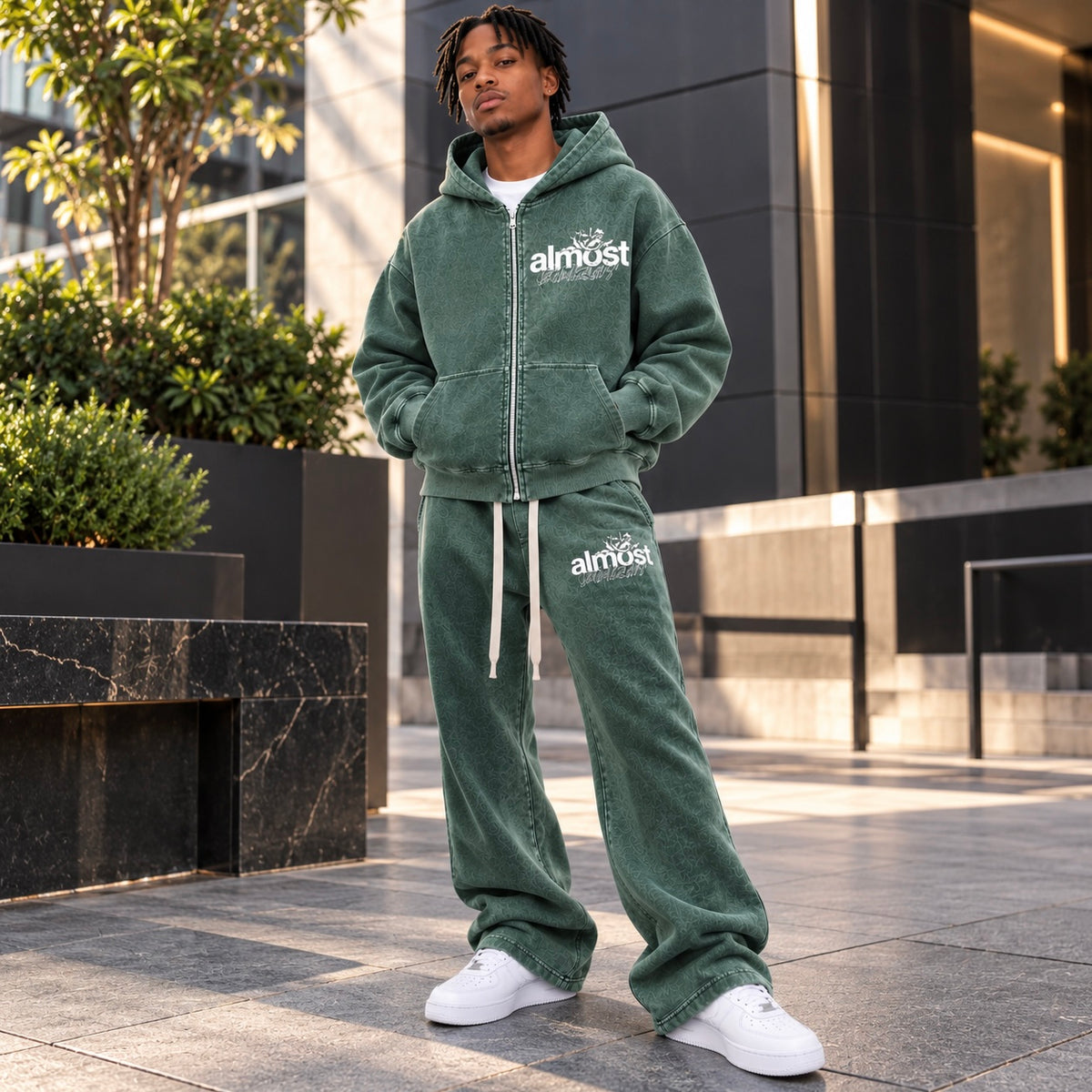 Almost Someday Enemies Zip Hoodie & Flare Pants Set (Green)