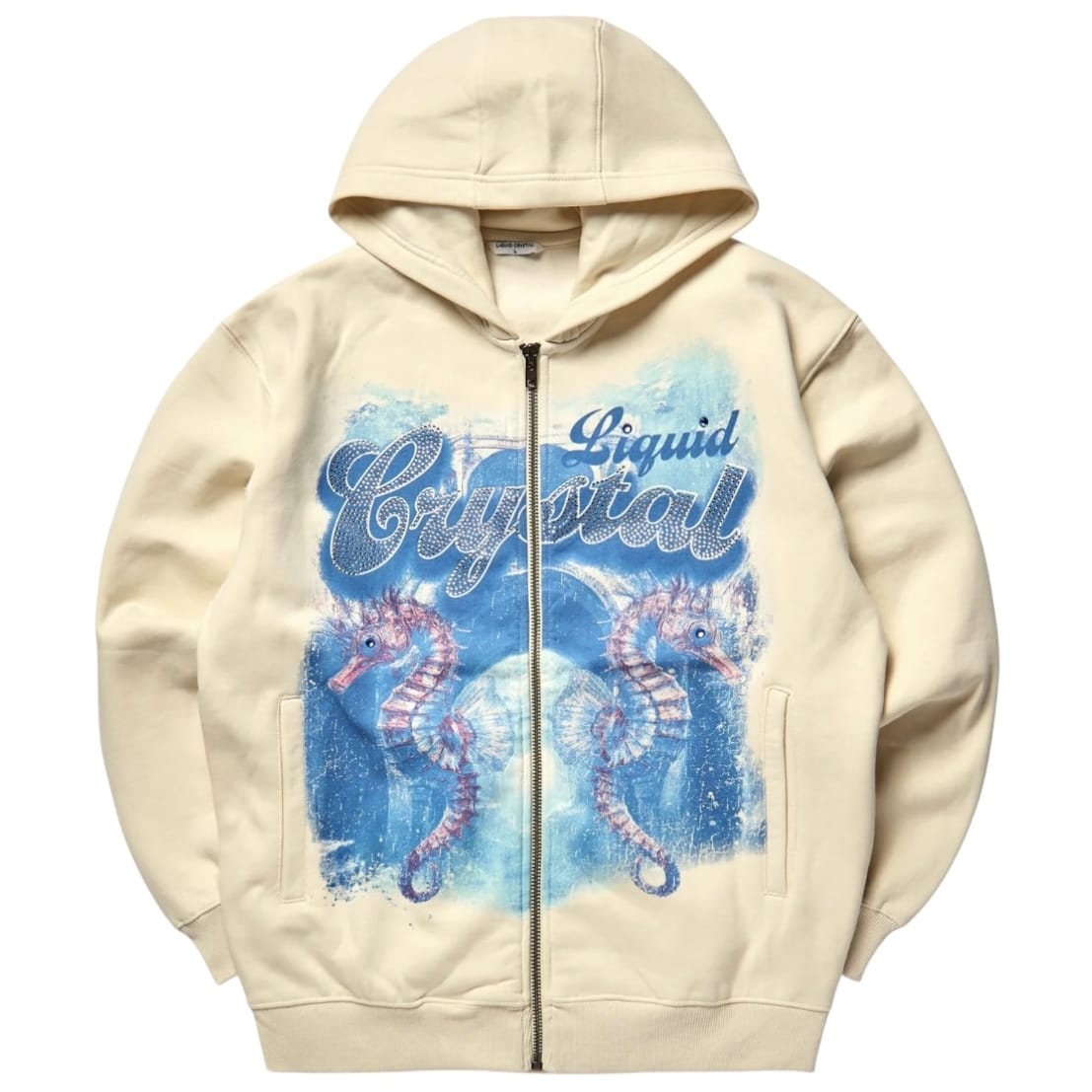 Liquid Crystals Rhinestone Seahorse Zip Up Hoodie (Bone) 8643H