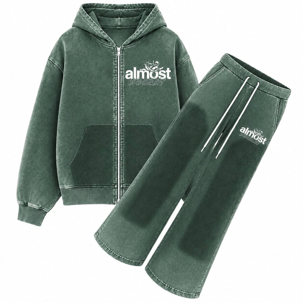 Almost Someday Enemies Zip Hoodie & Flare Pants Set (Green)