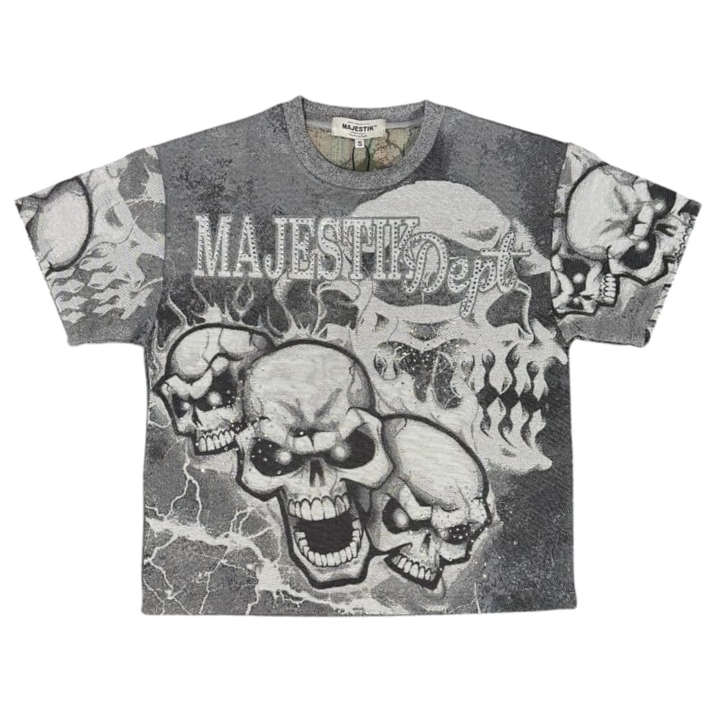 Majestik Twin Skulled Tapestry Jersey Short Rhinestone Set (Grey)
