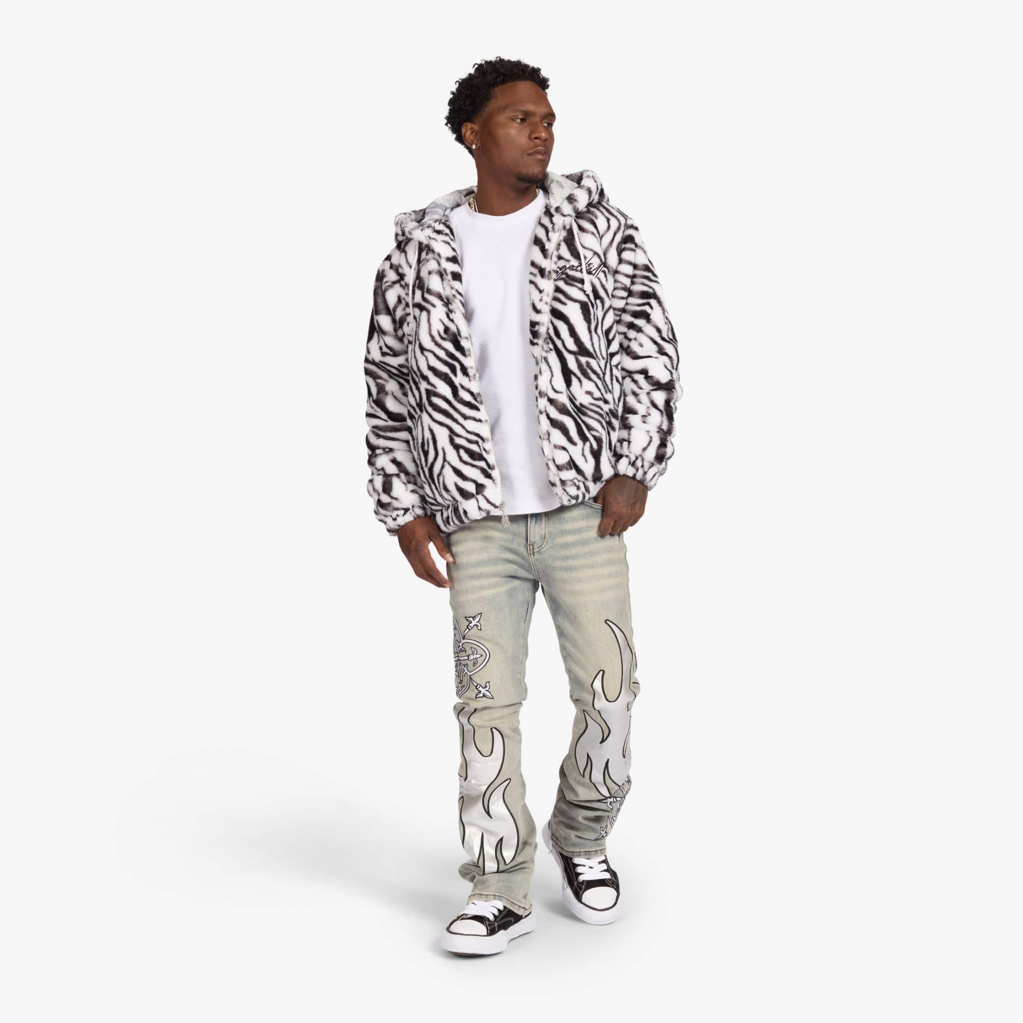 "Liver" Stacked Jeans (stone/white leather)