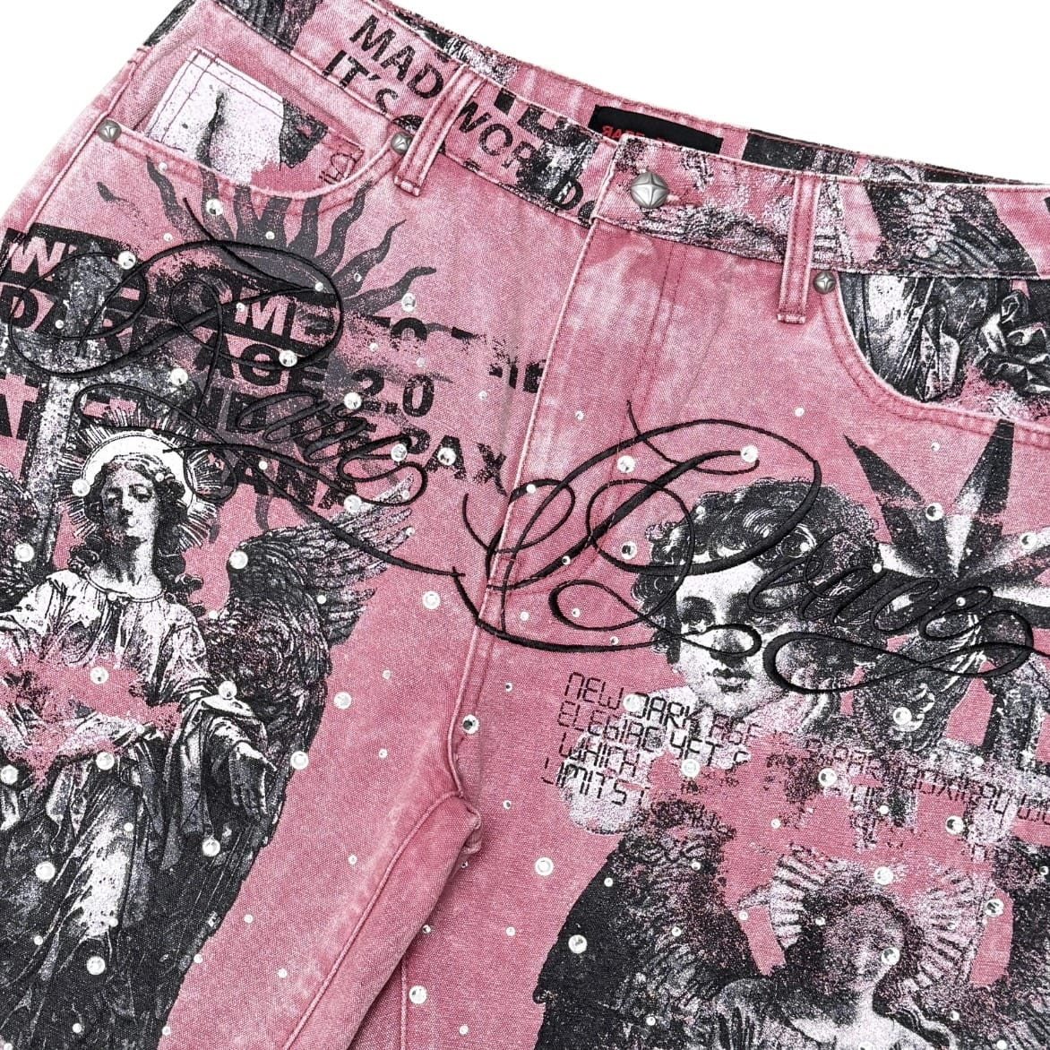 Rare Peace All Over Angel Print Washed Twill Shorts (Dusty Pink) RS6062