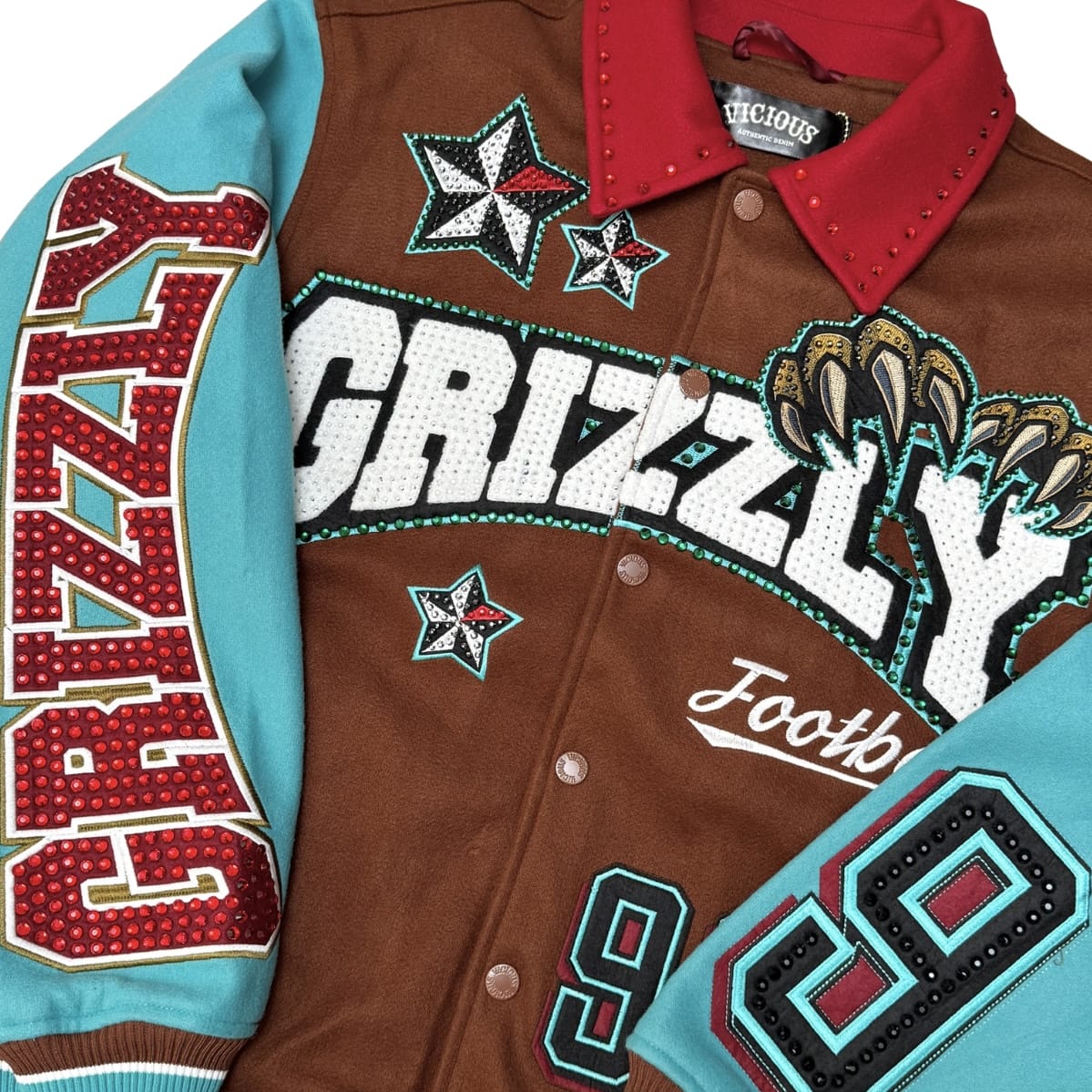 Vicious Denim Grizzly Wool Body Varsity Jacket (Brown/Teal) VC1155