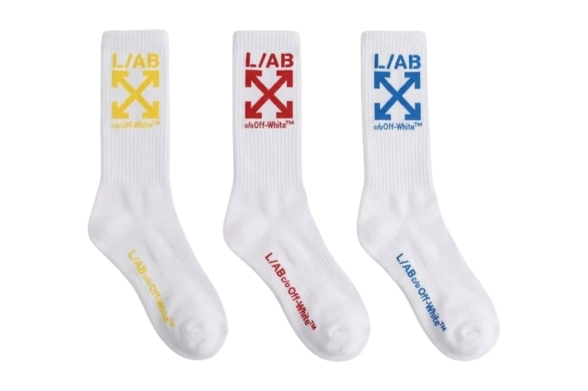 Lab Off-White Clamp Arrows Mid Calf Crew Socks 3 Pack (White/Multi)