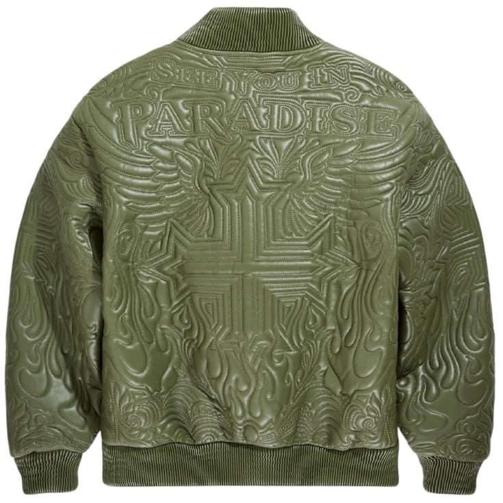 See You In Paradise Flaming Cross Stitched Bomber Jacket (Olive) 91685