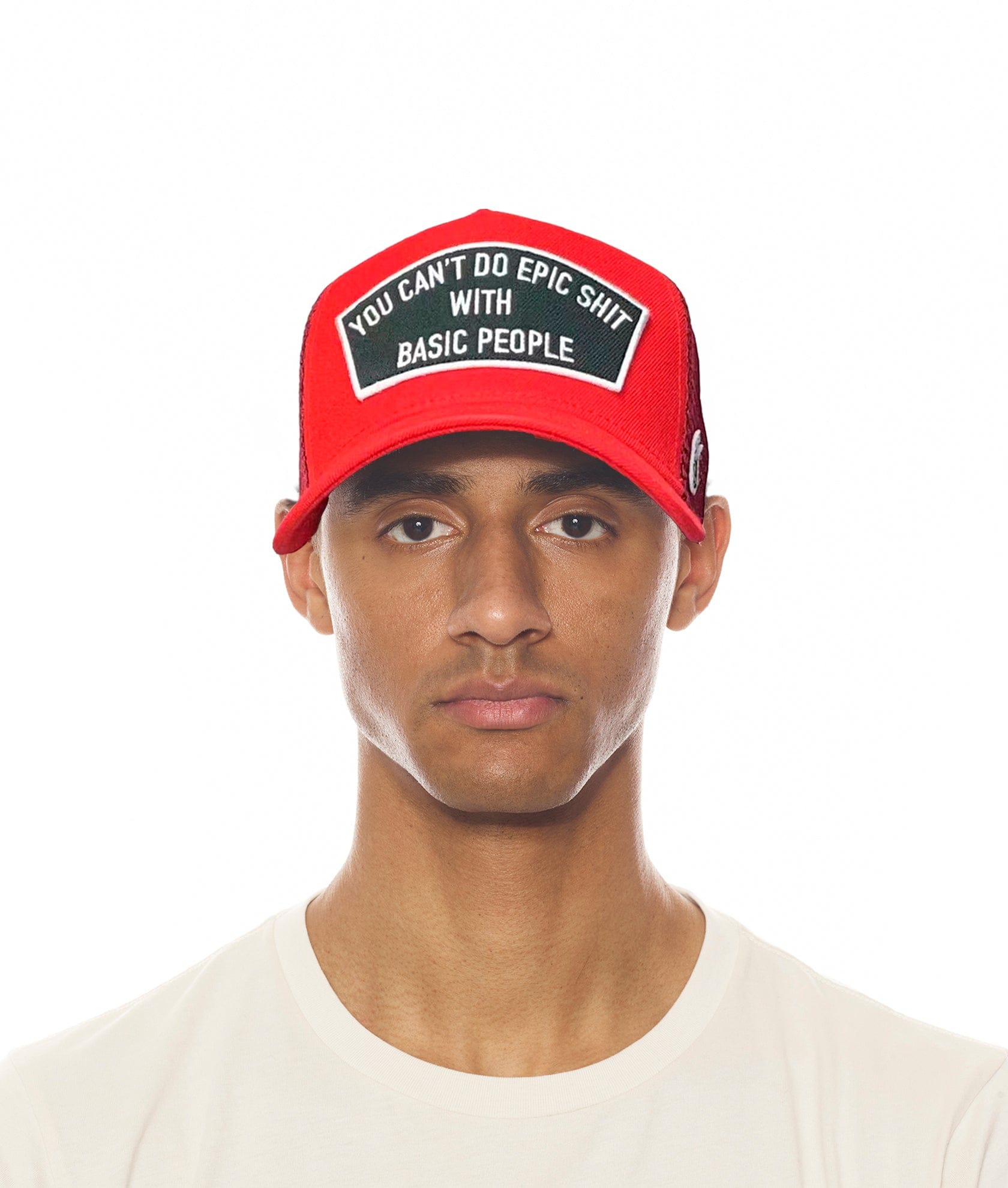 Red Trucker Hat – “Epic Sh*t” Design, Mesh Back, Curved Visor
