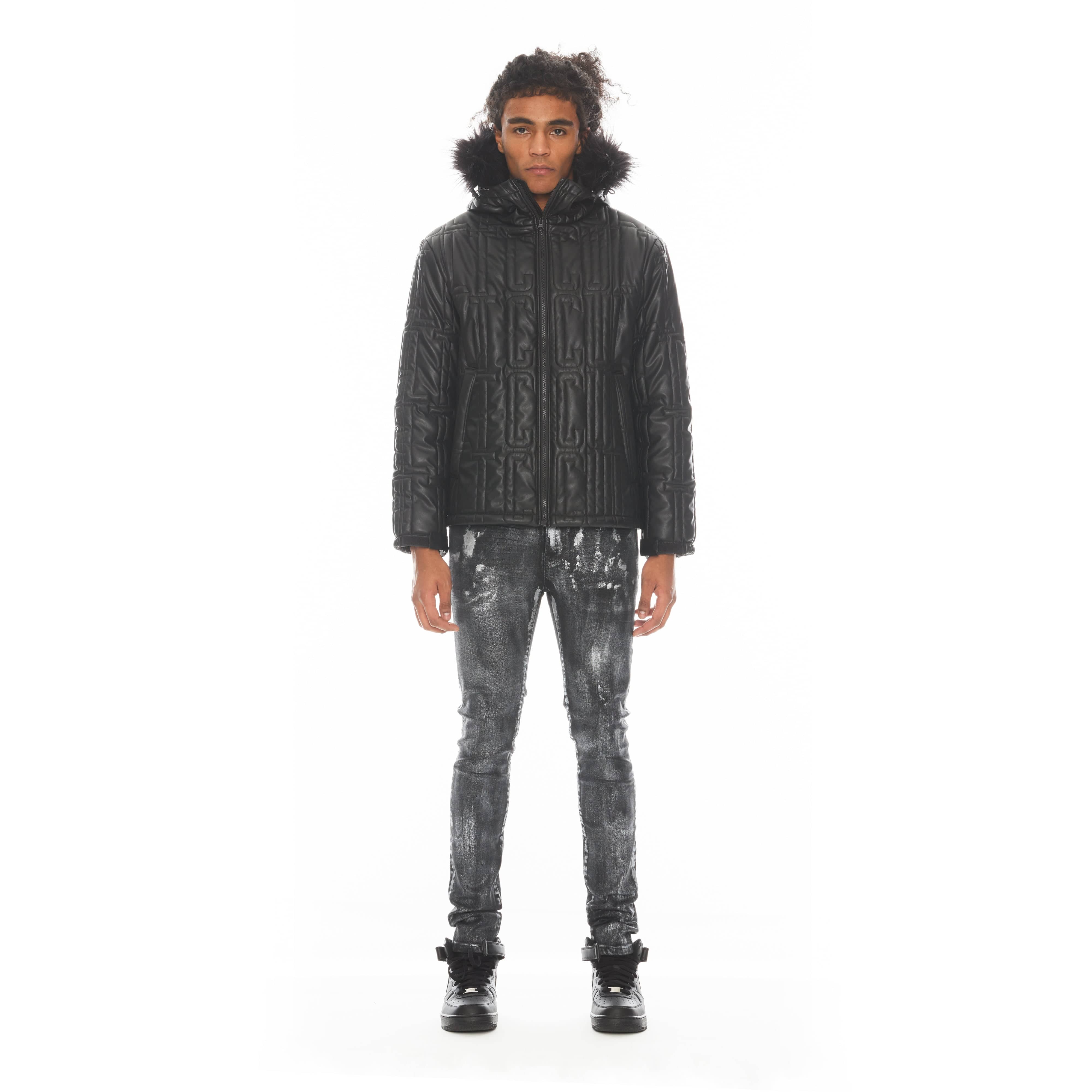 LEATHER PUFFER JACKET WITH FUR HOOD IN BLACK