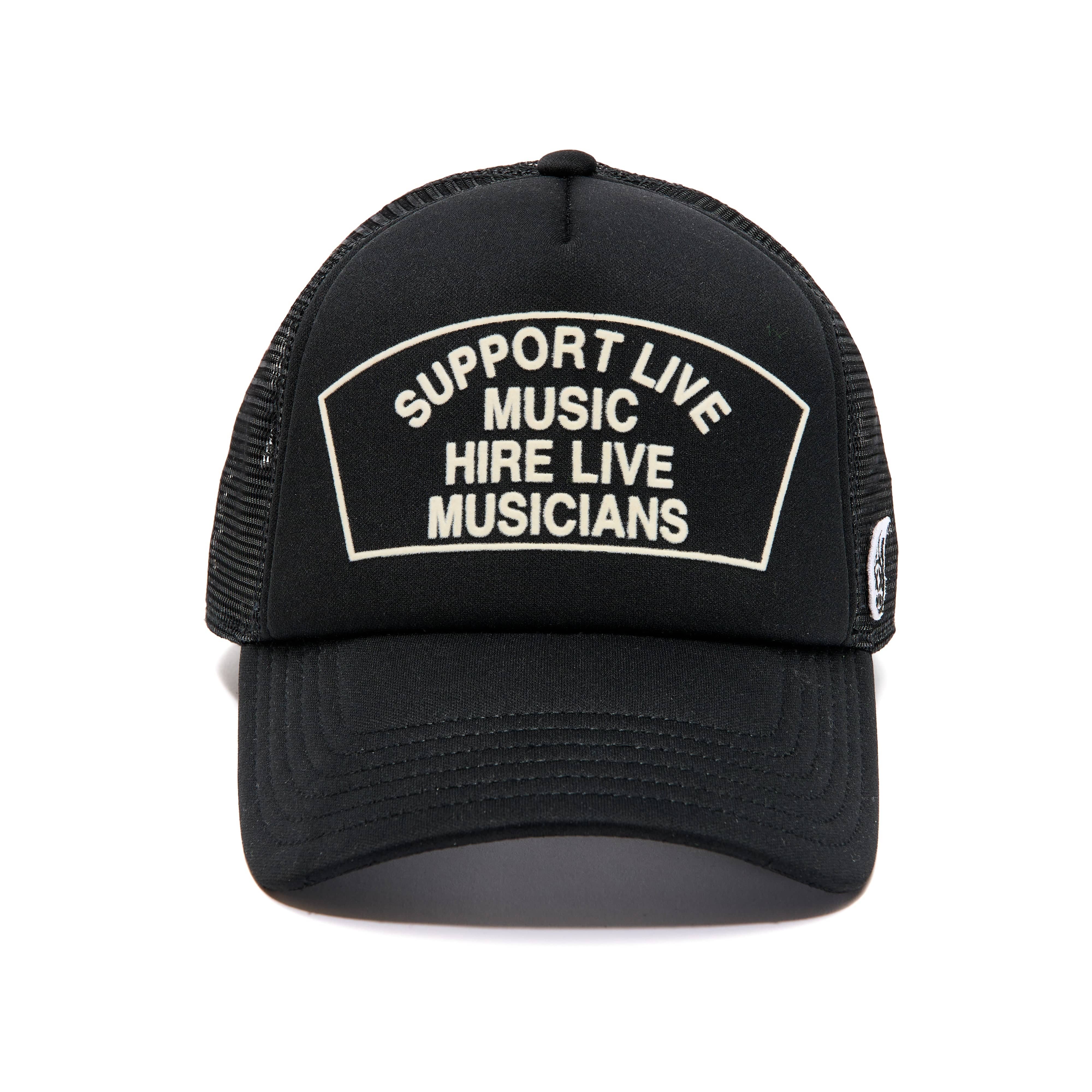 Support Live Music Trucker Hat – Black Mesh Back Cap
