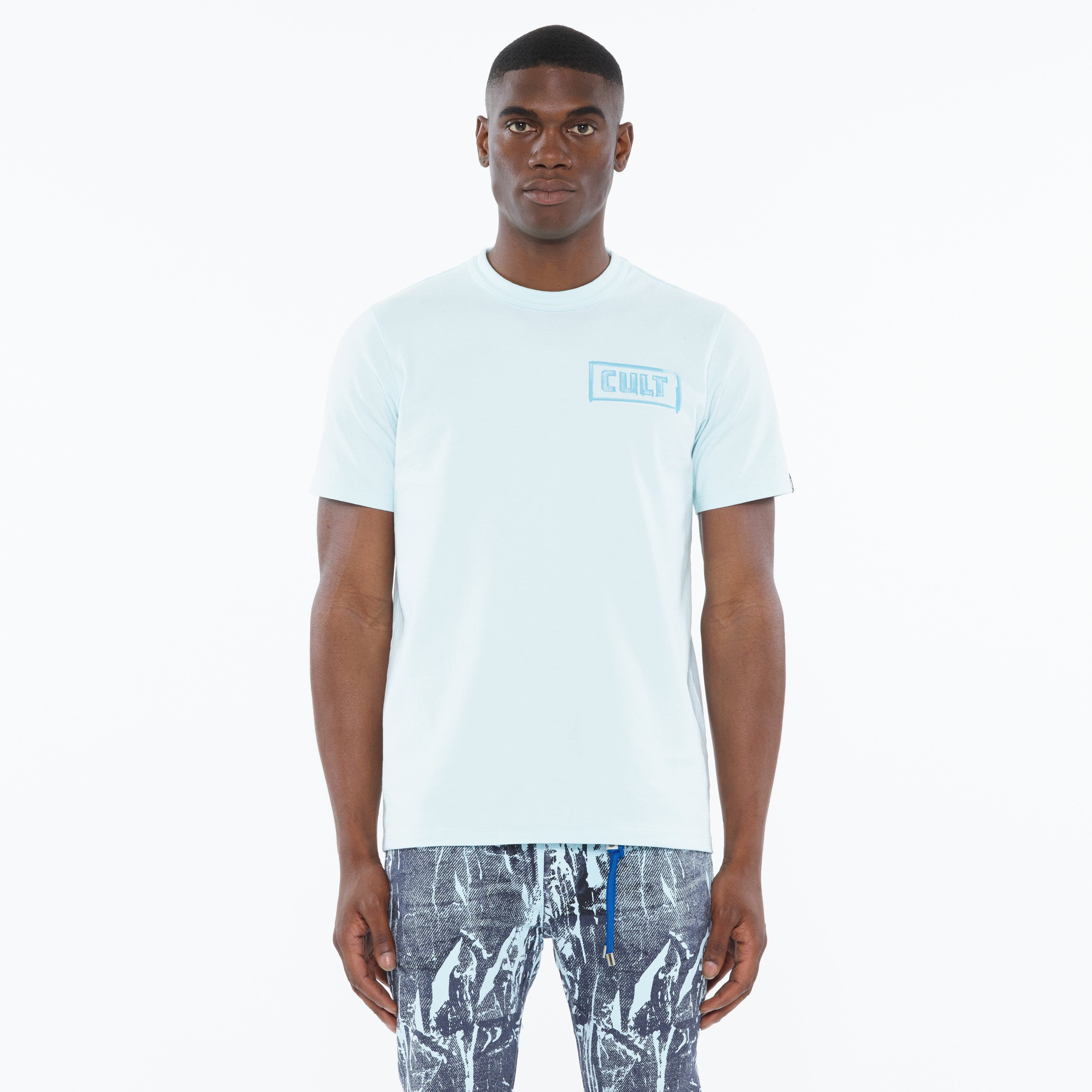 Cult's Heavyweight Short Sleeve Crew Neck Tee "Stroke" in Powder Blue