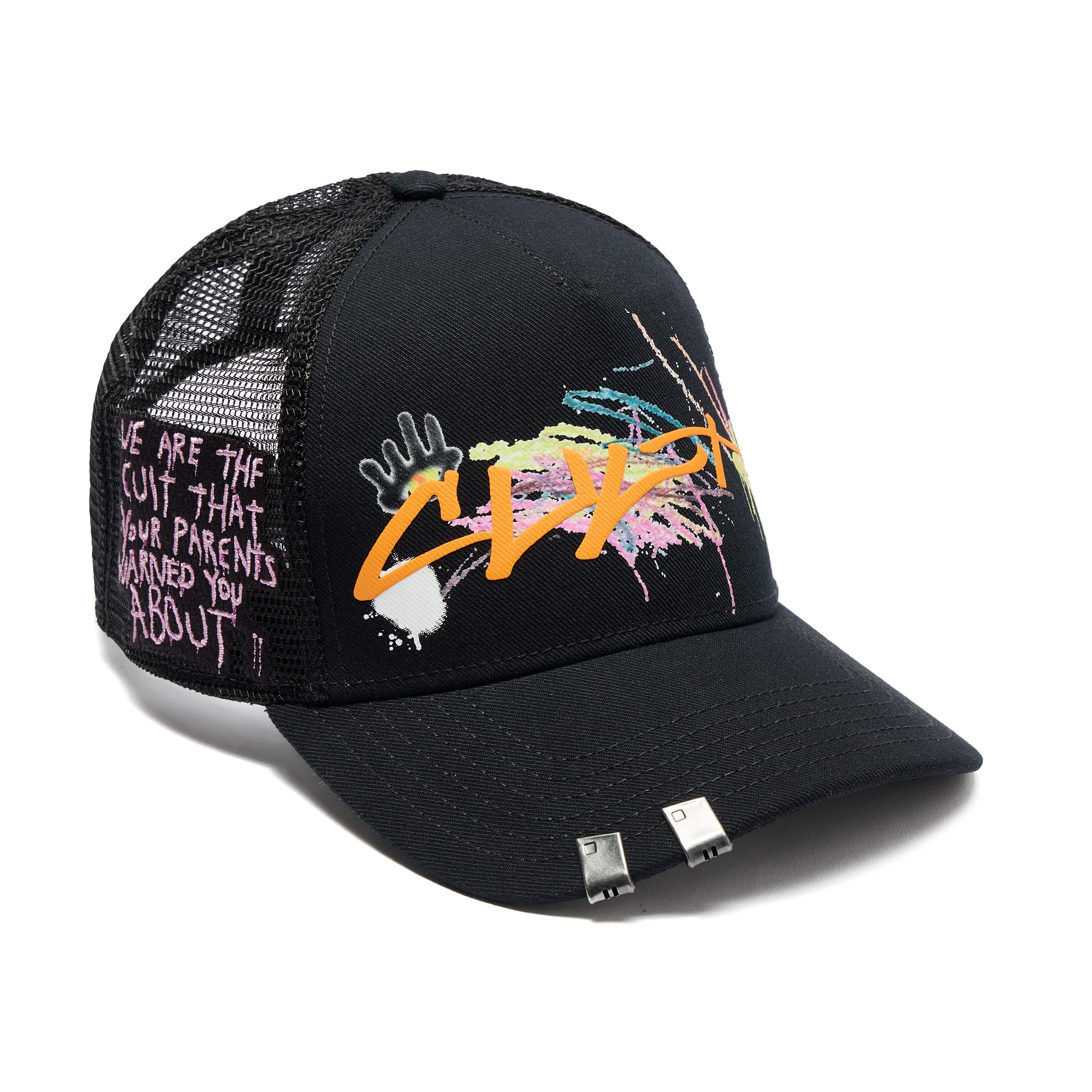 Cult's Logo Mesh Back Trucker Hat "Cult Graffiti" in Black