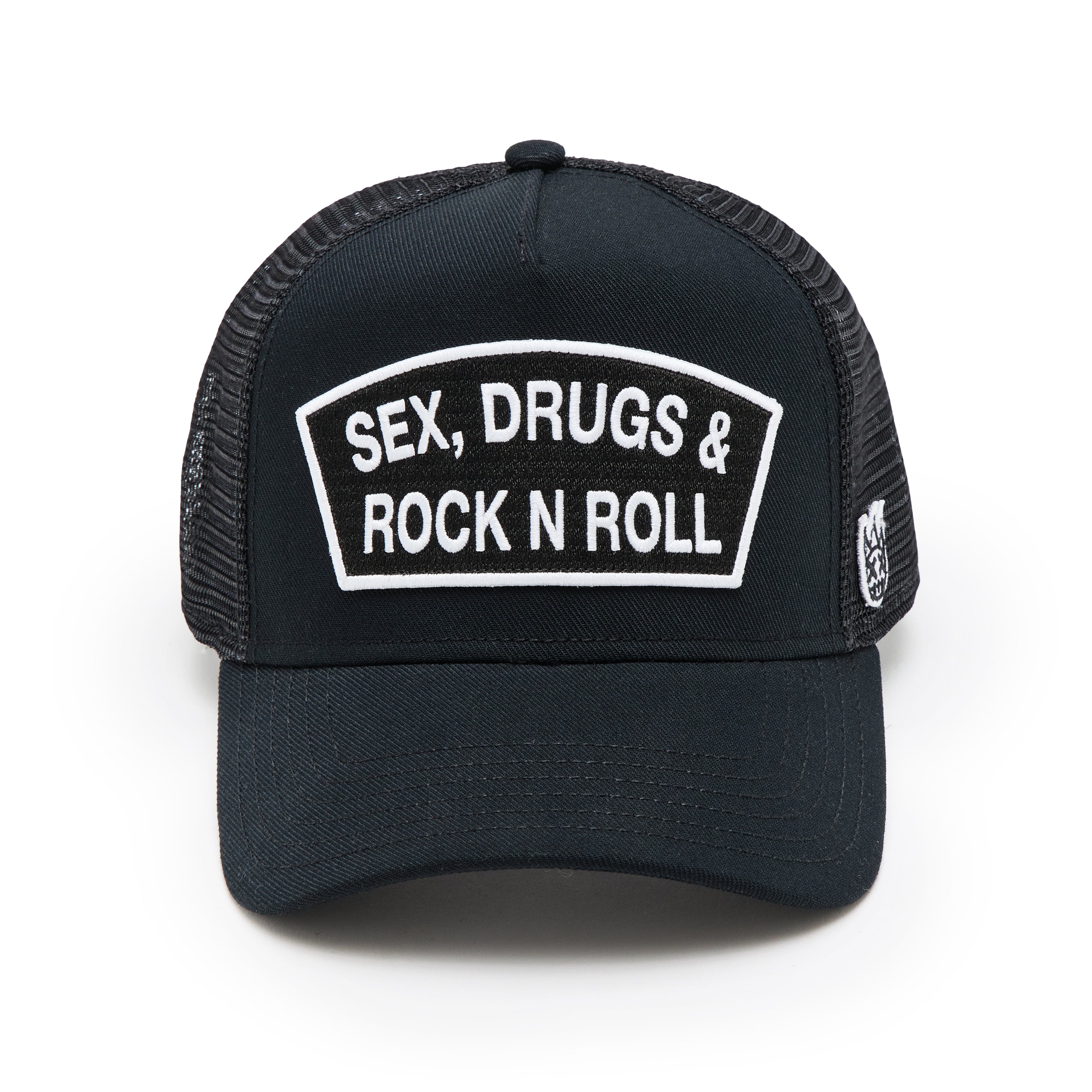 Cult's Logo Mesh Back Trucker Hat "Sex Drugs Rock N Roll" in Black