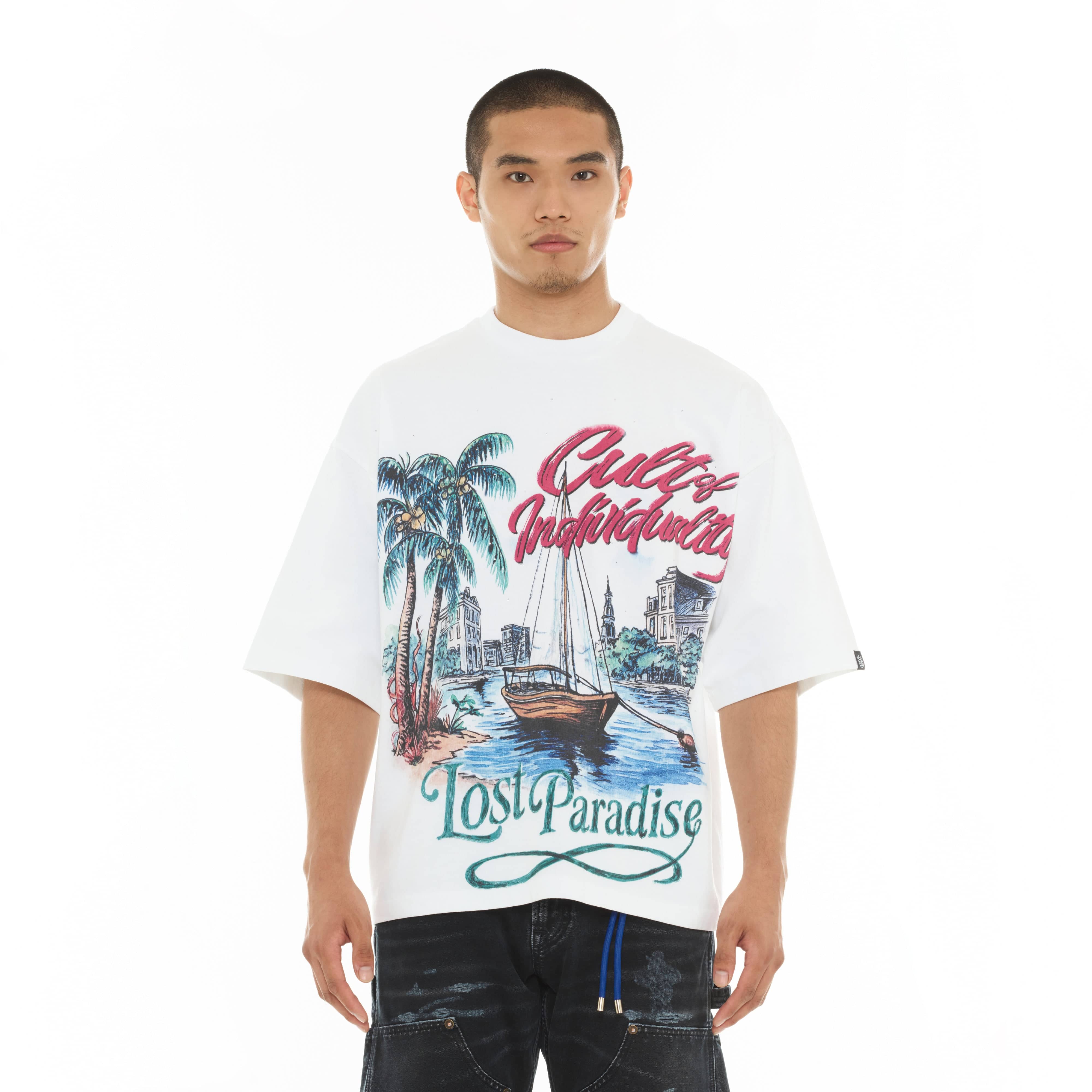 Cult's Oversized Short Sleeve Crew Neck Tee "Lost Paradise" in White