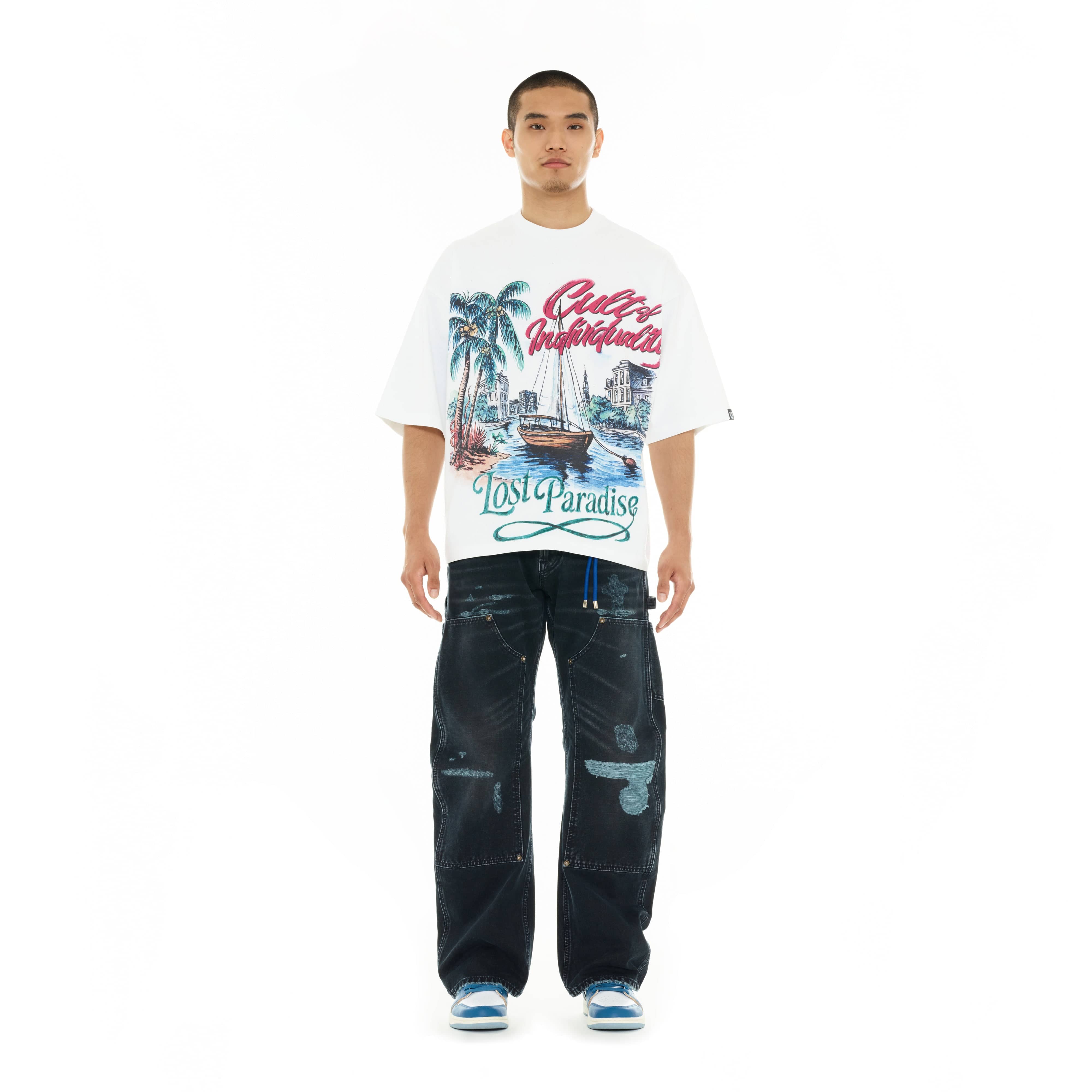Cult's Oversized Short Sleeve Crew Neck Tee "Lost Paradise" in White