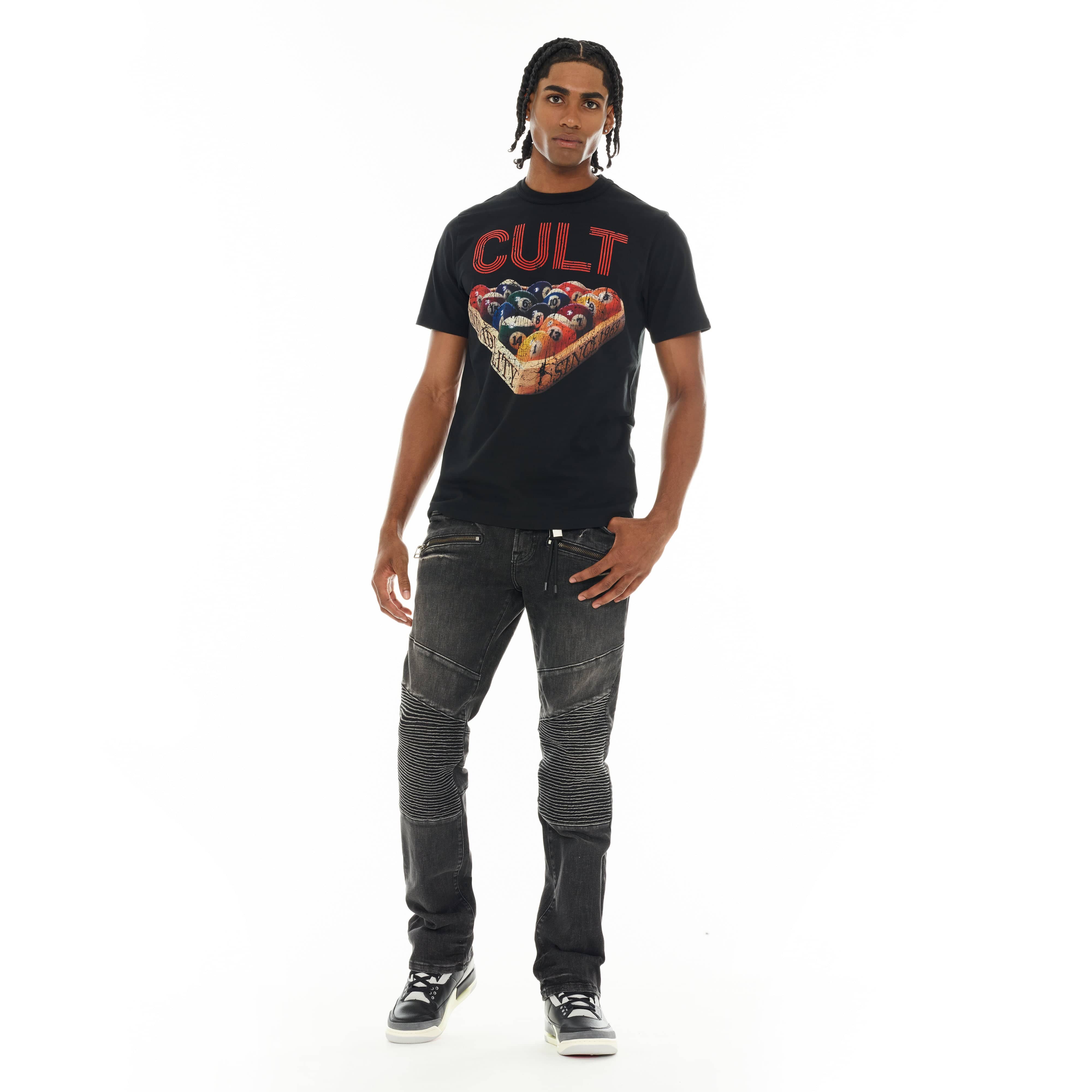 Cult's Heavyweight Short Sleeve Crew Neck Tee "Billiards" in Black