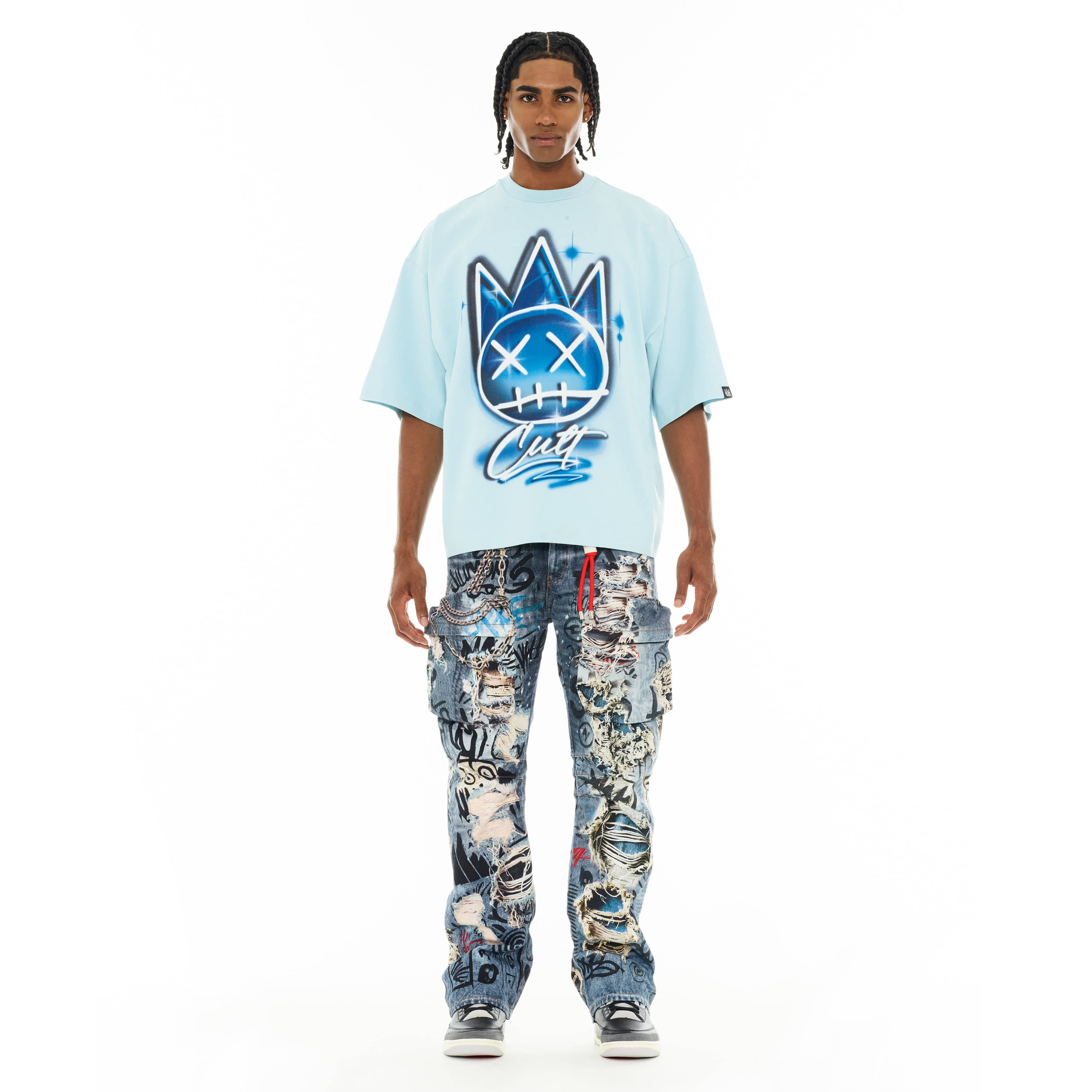 Cult's Oversized Short Sleeve Crew Neck Tee "Airbrush" in Blue Glow