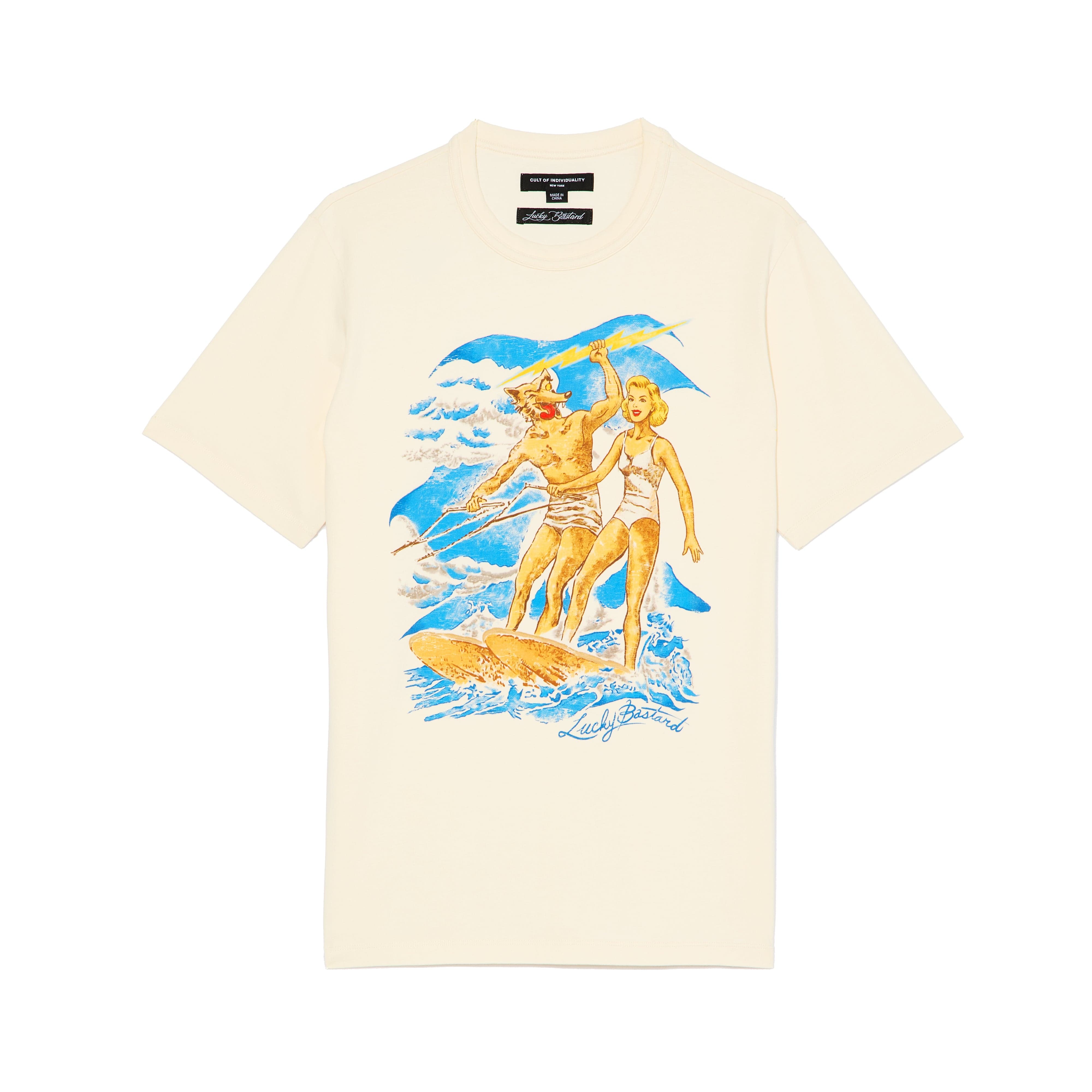 Cult's Lucky Bastard Short Sleeve Crew Neck Tee "Surfin Usa" in Winter White