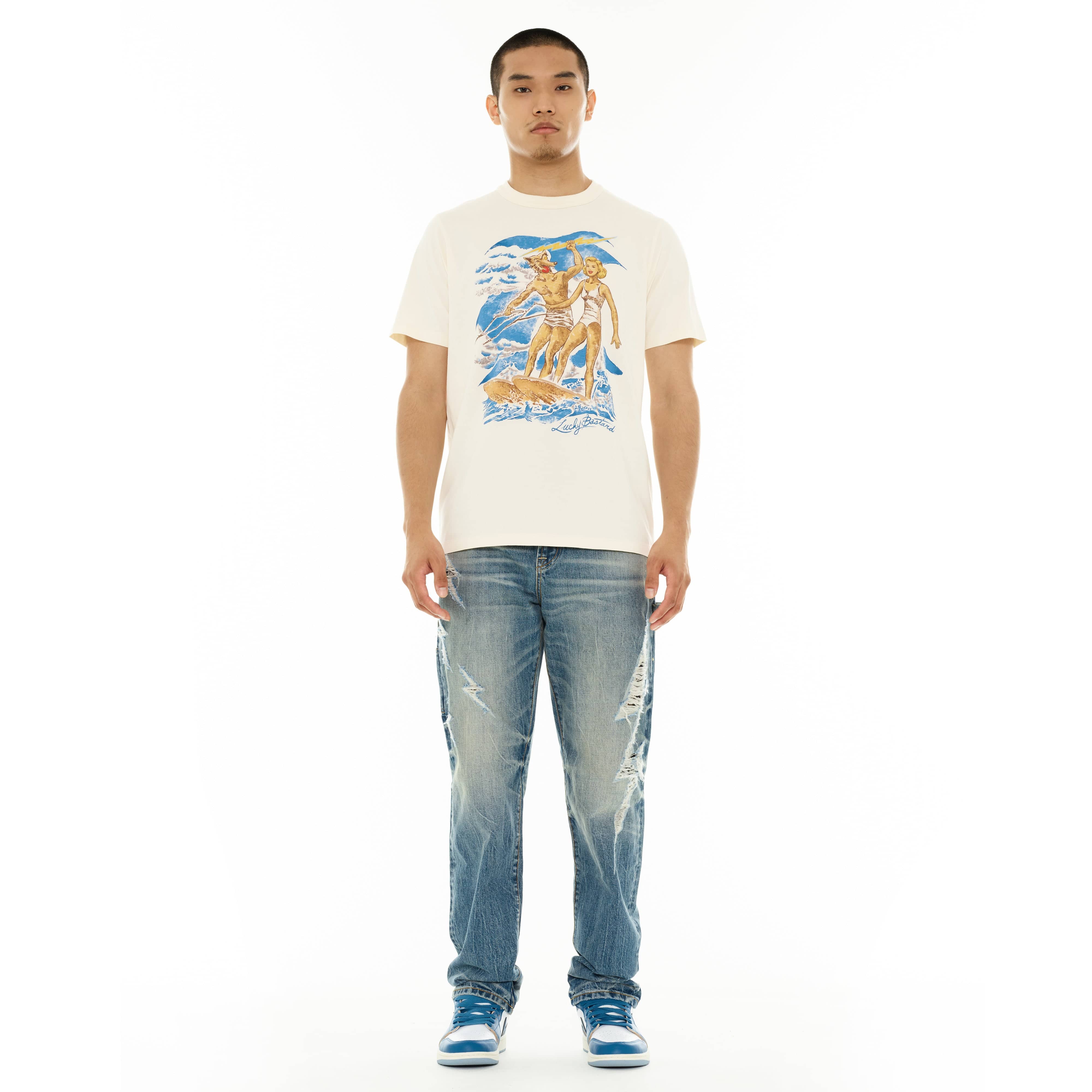 Cult's Lucky Bastard Short Sleeve Crew Neck Tee "Surfin Usa" in Winter White