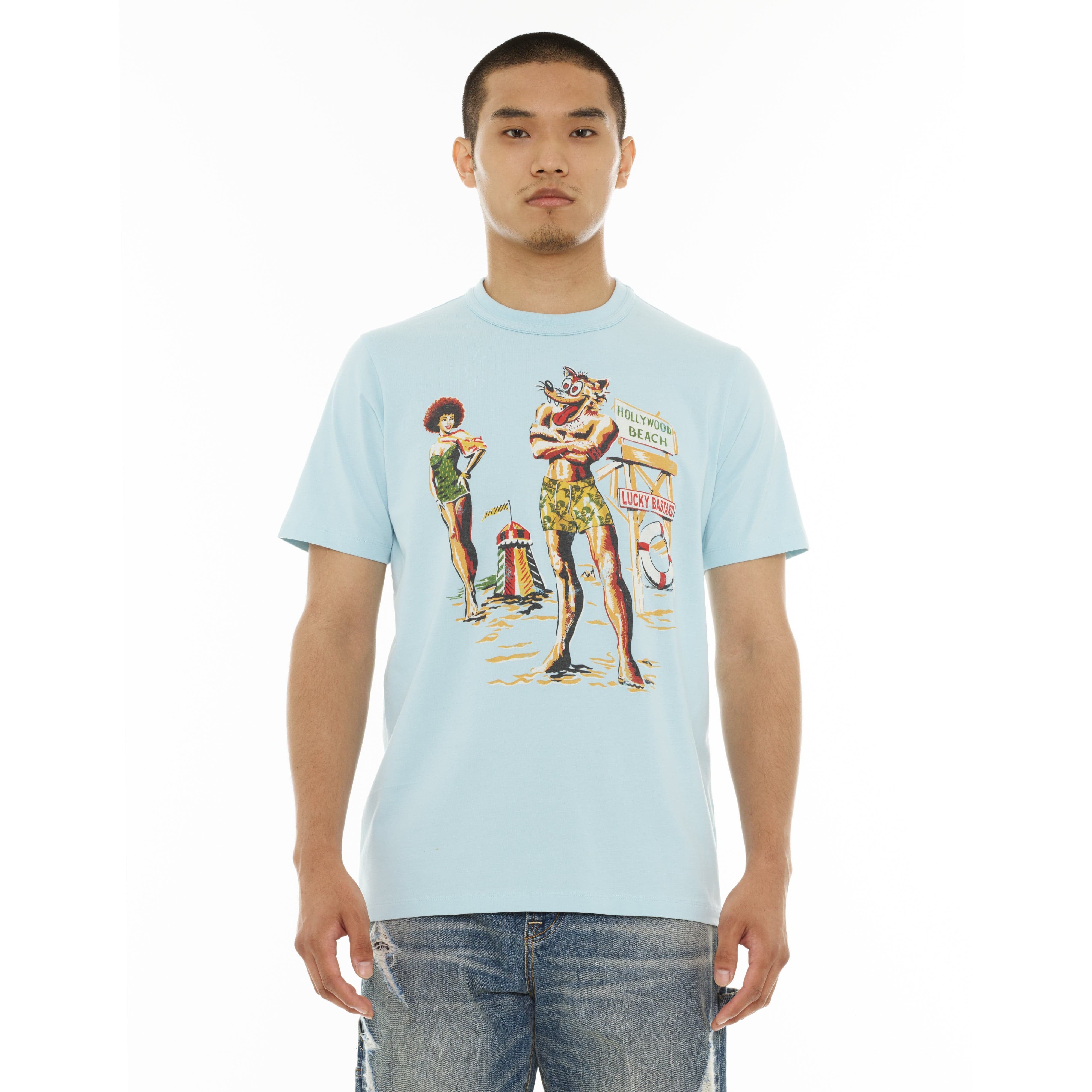 Cult's Lucky Bastard Short Sleeve Crew Neck Tee "Hollywood Beach" in Blue Glow