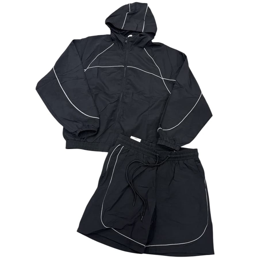Rebel Minds Crinkle Piping Windbreaker Jacket & Short Set (Black)
