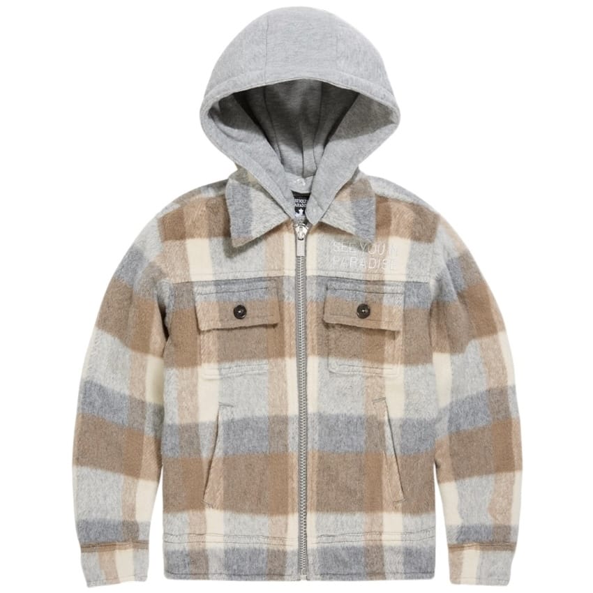 Kids See You In Paradise Hooded Flannel Shacket (Khaki) 2568K
