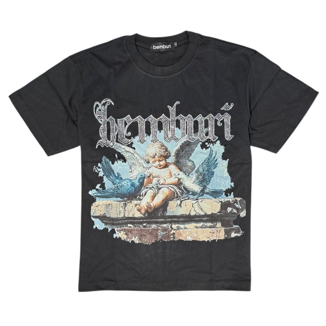 Bemburi Sitting Angel Short Sleeve Rhinestone Tee (Black)