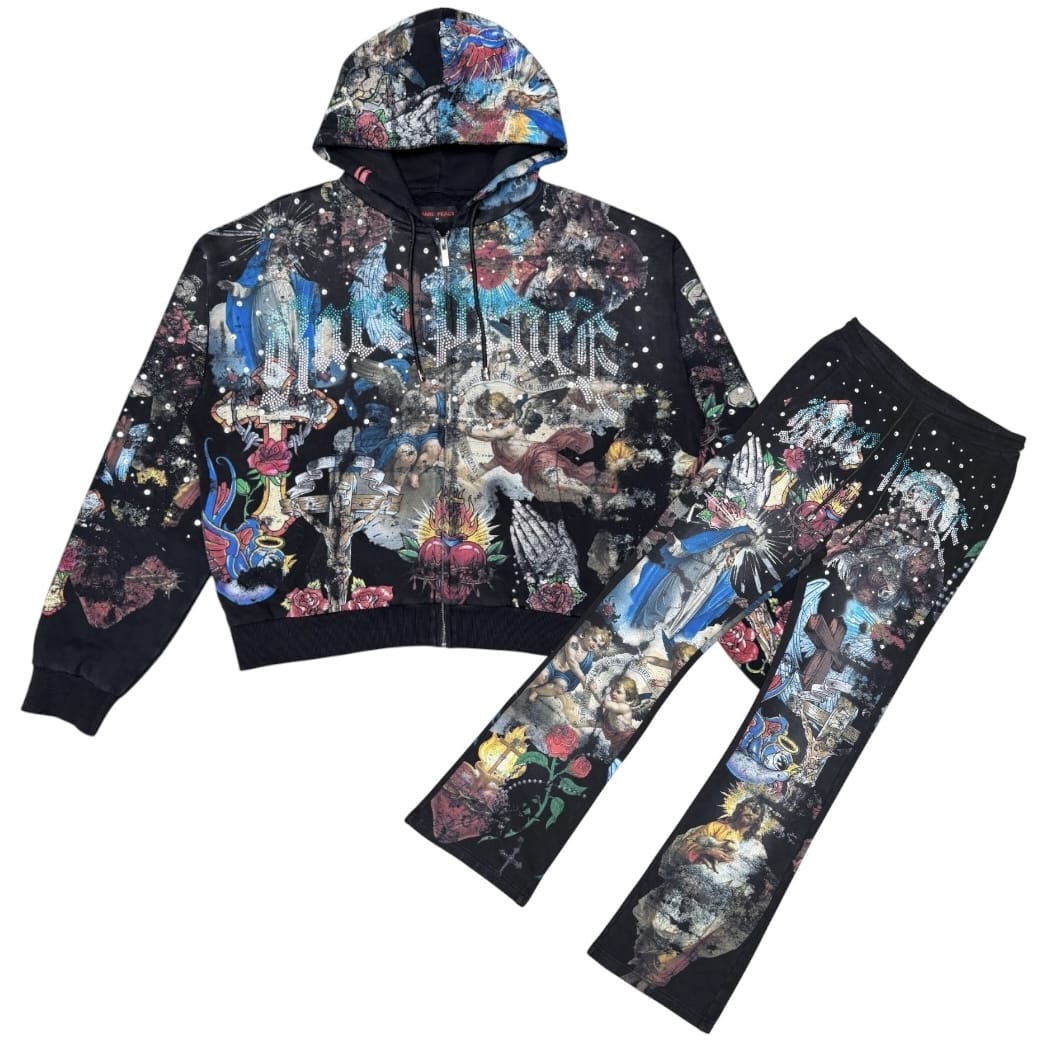 Rare Peace Washed Aop Zip Up Hoodie & Jogger W/ Rhinestones Set (Black)