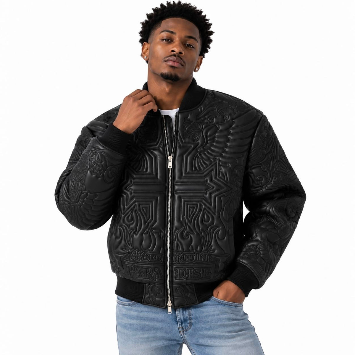 See You In Paradise Flaming Cross Stitched Bomber Jacket (Black) 91685
