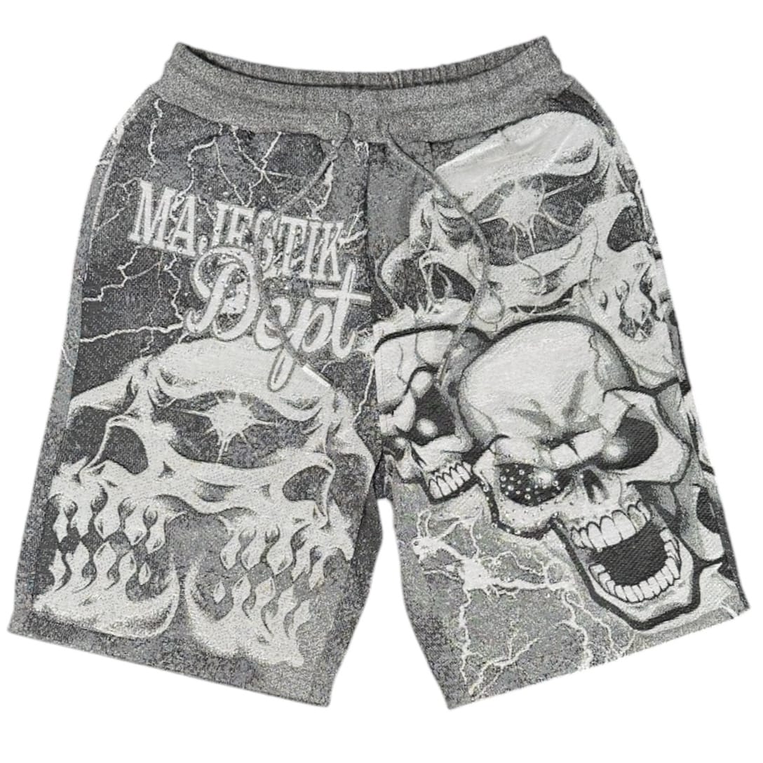 Majestik Twin Skulled Tapestry Jersey Short Rhinestone Set (Grey)