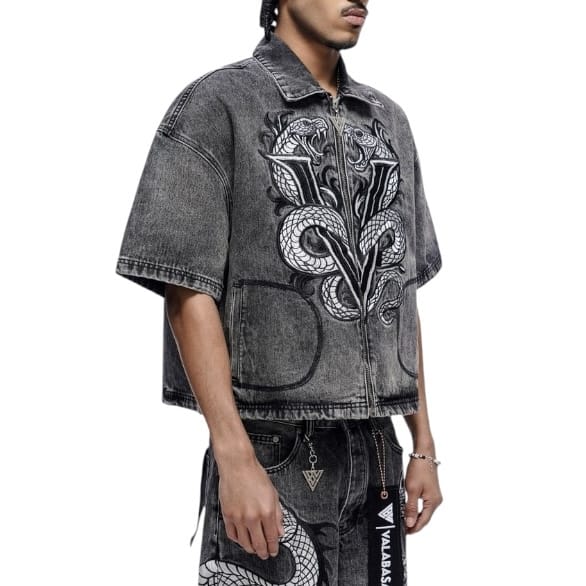 Valabasas Frostscale Denim Short Sleeve Zip Up (Grey Wash) VLBS-VBD1-1027