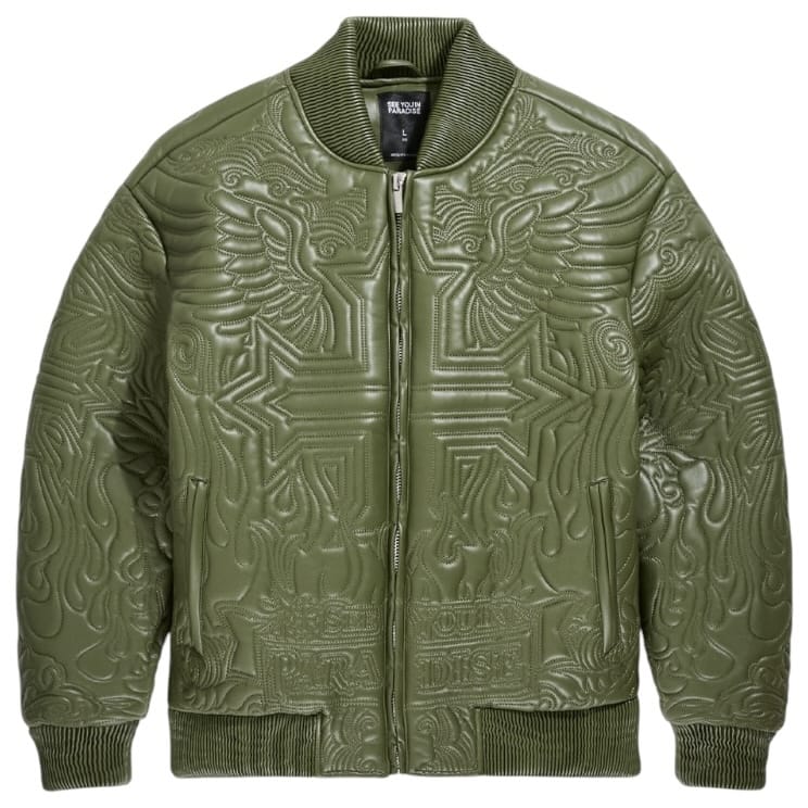 See You In Paradise Flaming Cross Stitched Bomber Jacket (Olive) 91685