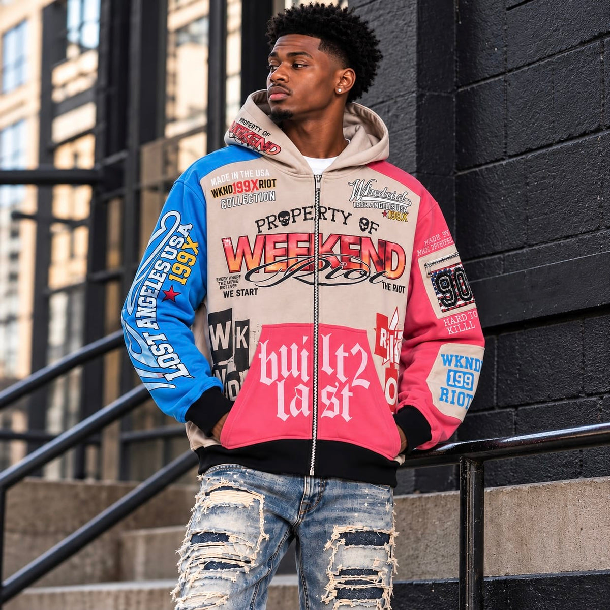 Wknd Riot Built 2 Last Zip Up Hoodie (Cream/Multi)