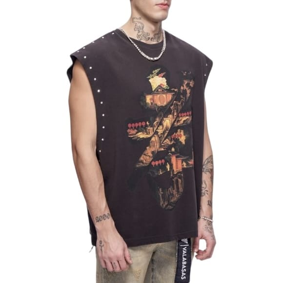 Valabasas Ember Glyph Cut Off Sleeveless Tee (Washed Black) VLBS-VT5-1004