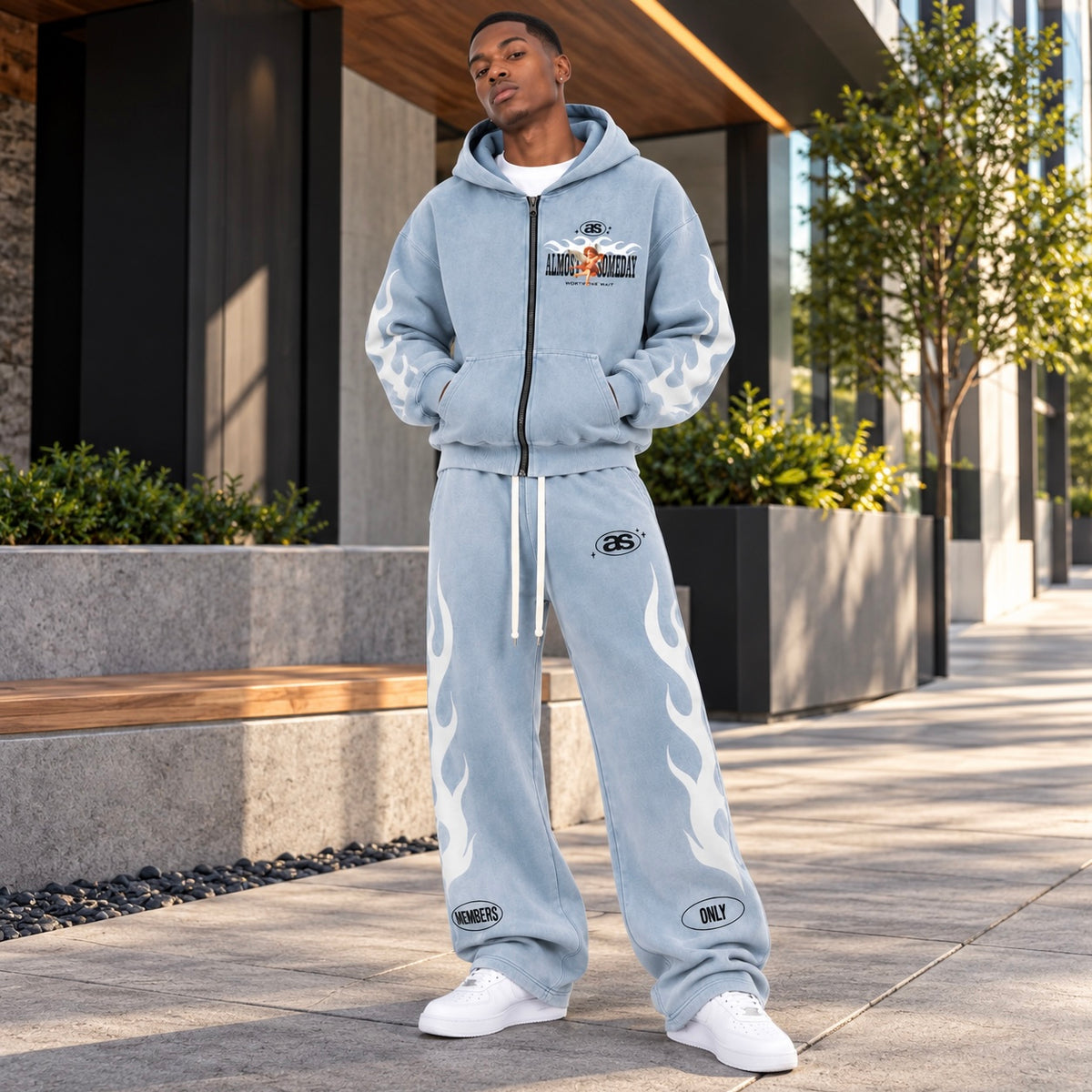 Almost Someday Members Zip Hoodie & Flare Sweatpants Set (Light Blue)