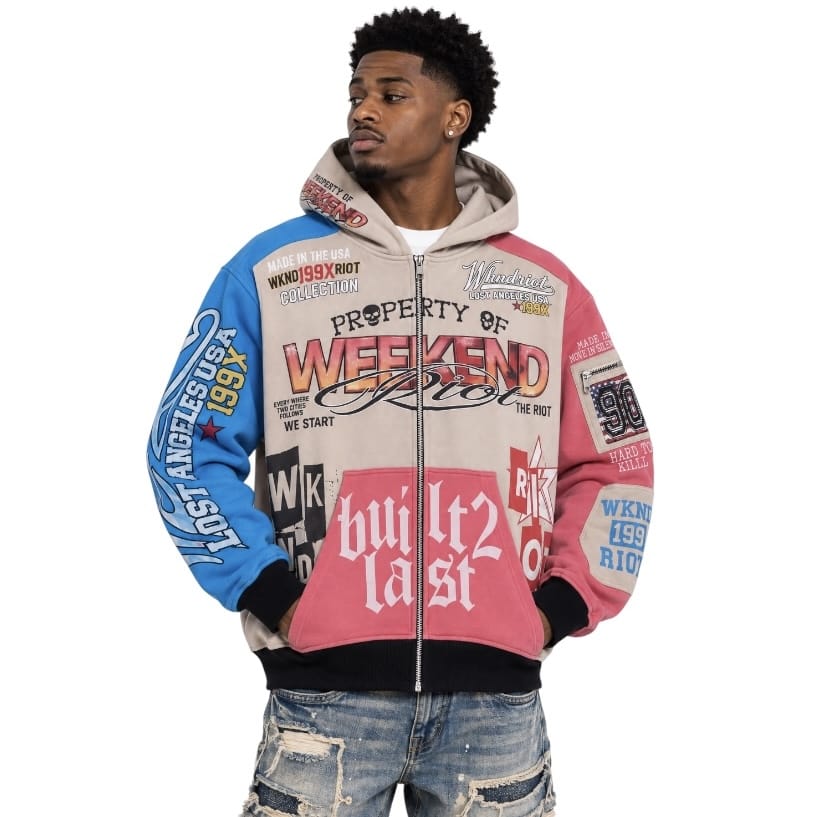 Wknd Riot Built 2 Last Zip Up Hoodie (Cream/Multi)