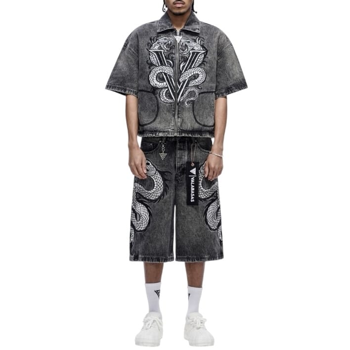 Valabasas Glacier Coil Baggy Denim Shorts (Grey Wash) VLBS-VSH1-1017