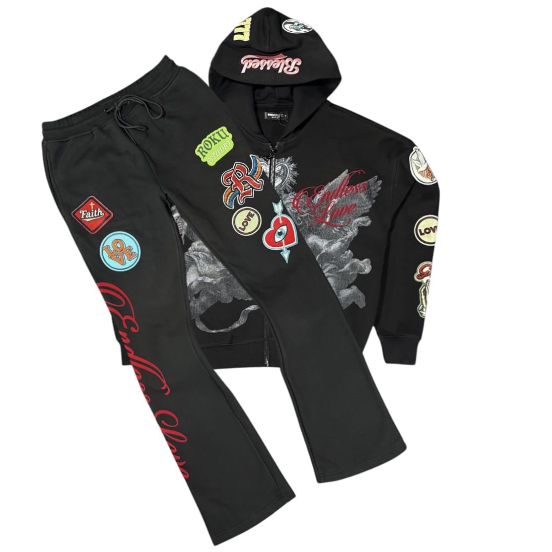 Roku Studios Devotion Faded Zip Hoodie & Flare Sweatpants Set (Black)
