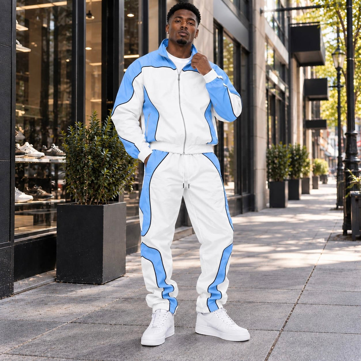 The Syndicate Nylon 3 Zip Up Track Jacket & Pants Set (Baby Blue/White)