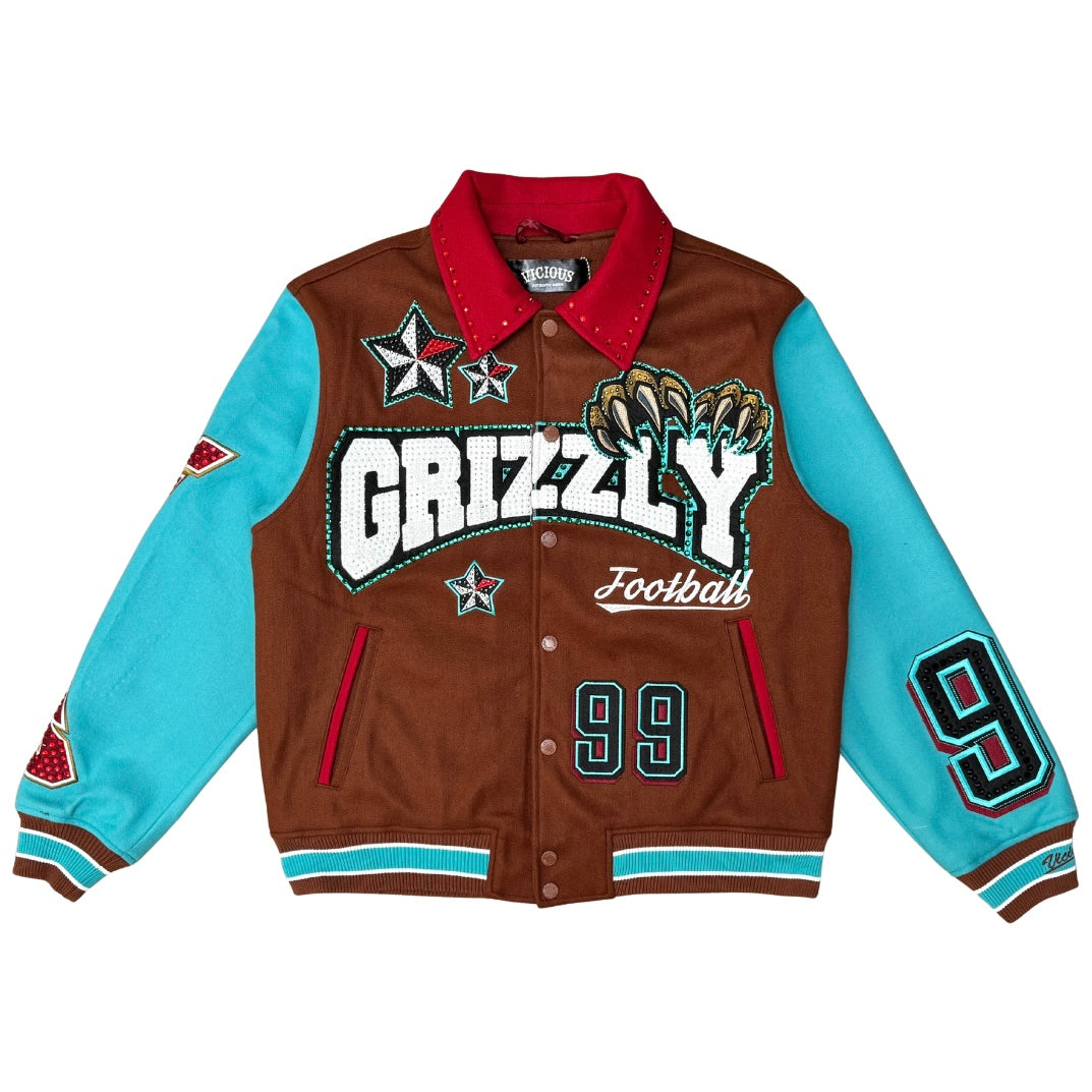 Vicious Denim Grizzly Wool Body Varsity Jacket (Brown/Teal) VC1155
