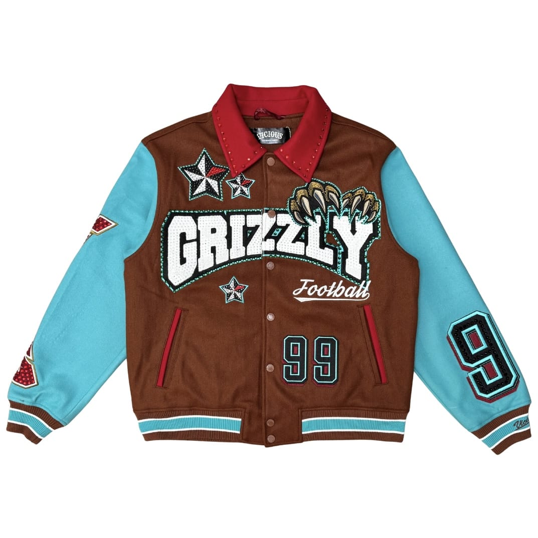 Vicious Denim Grizzly Wool Body Varsity Jacket (Brown/Teal) VC1155