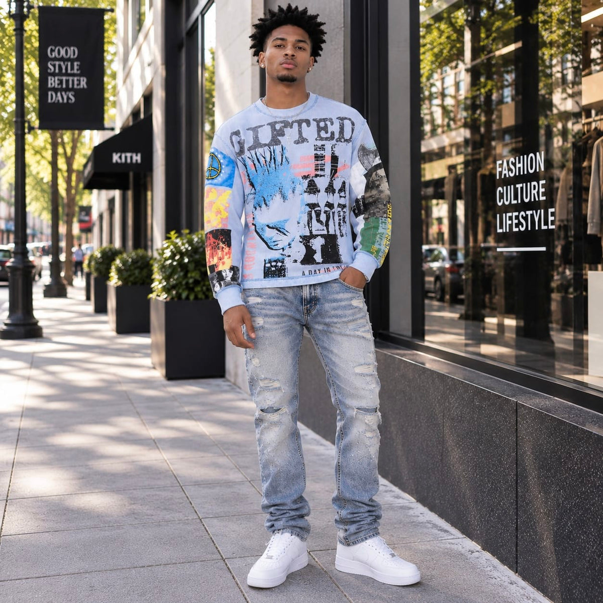 GFTD La Riots In America Crewneck Long Sleeve Tee (America Blue)