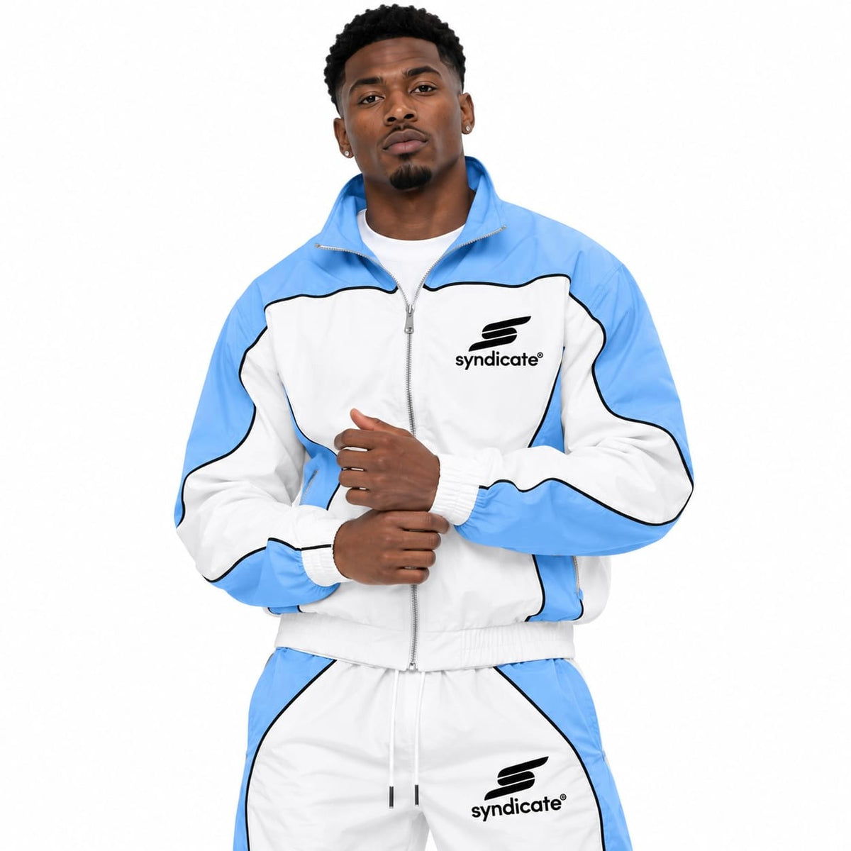 The Syndicate Nylon 3 Zip Up Track Jacket & Pants Set (Baby Blue/White)