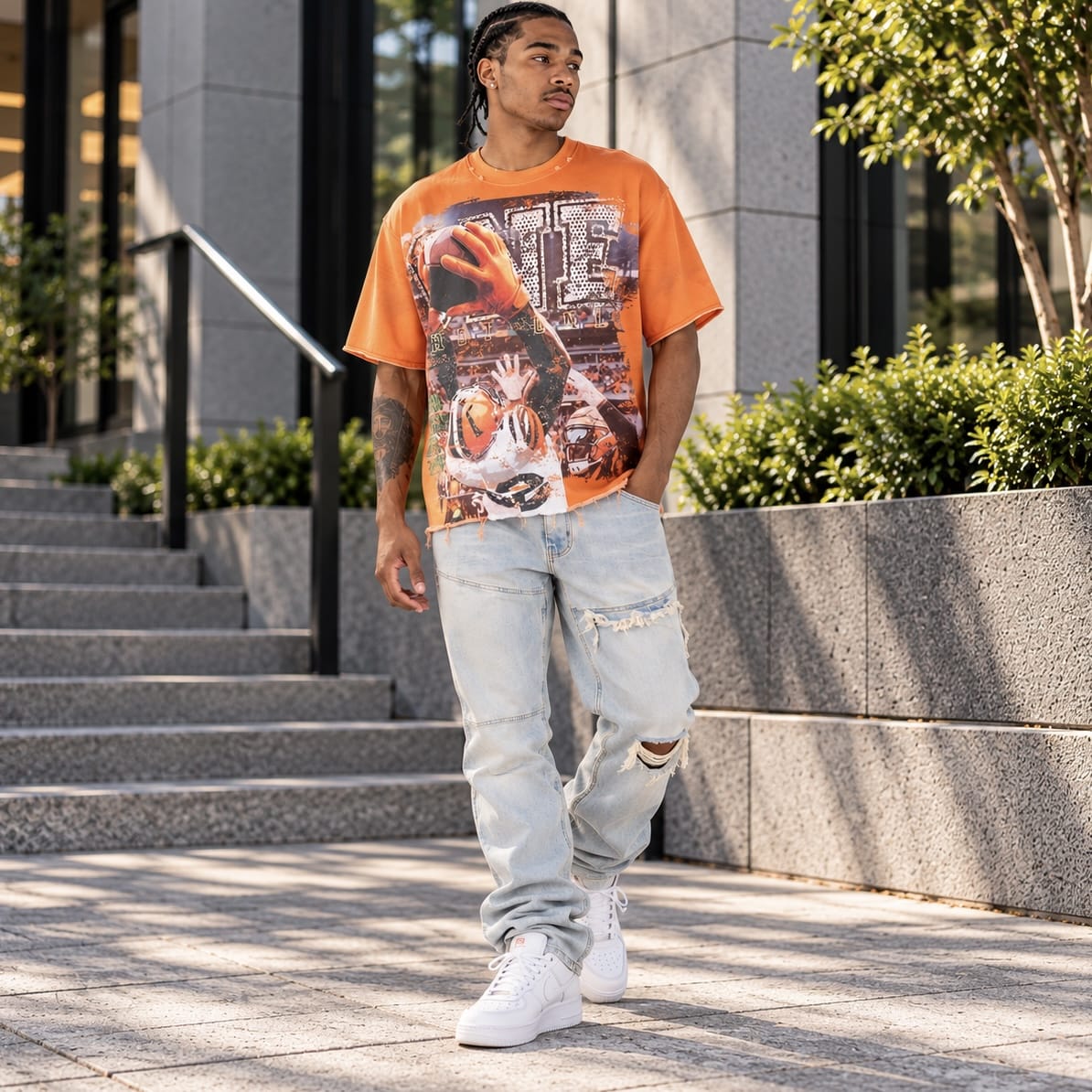 R3bel Denim Hot Only One French Terry Rhinestone Tee (Orange)
