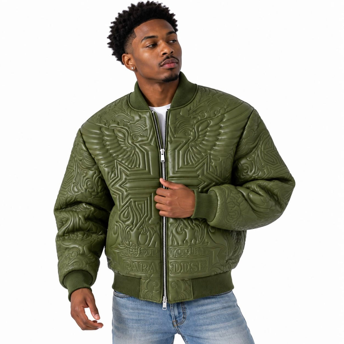 See You In Paradise Flaming Cross Stitched Bomber Jacket (Olive) 91685