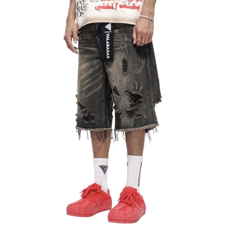 Valabasas Snapped Baggy Denim Shorts (Grey Washed) VLBS-VSH1-1002