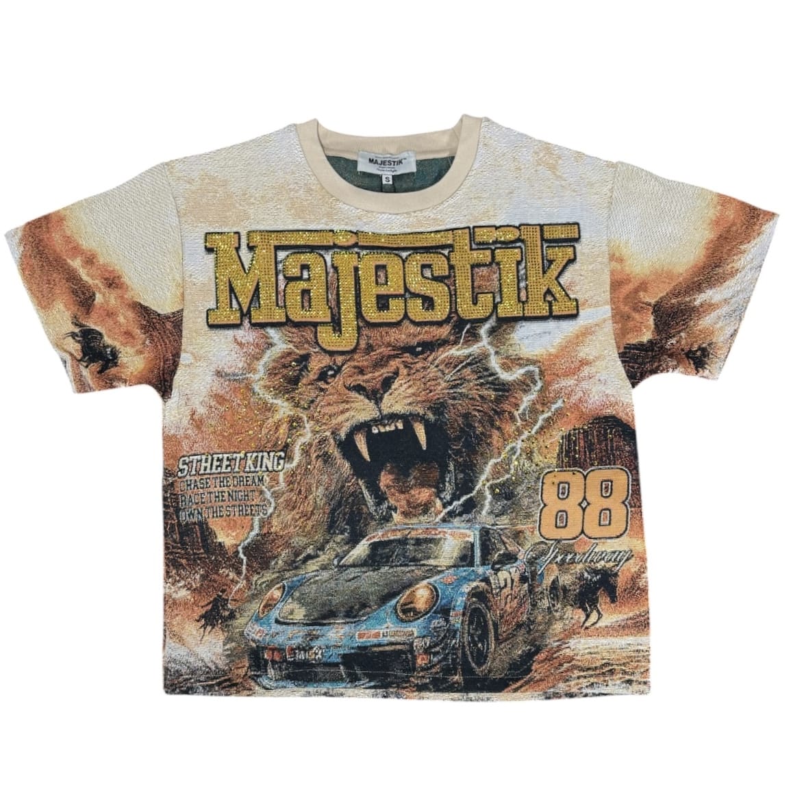 Majestik Lion Tapestry Rhinestone Jersey (Eggshell) TH2643