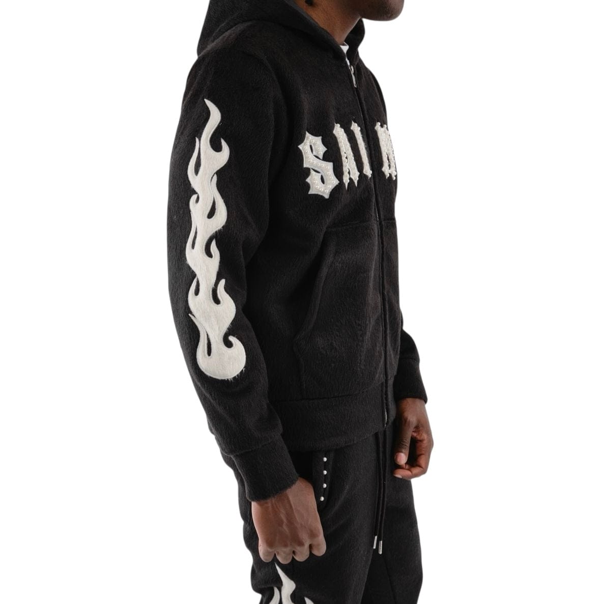 Copper Rivet Pearled Mohair Full Zip Hoodie & Pants Set (Black)