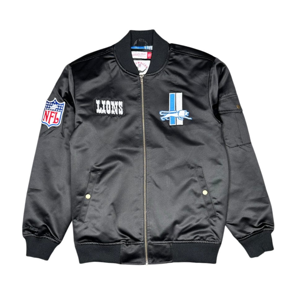 Mitchell Ness NFL Detroit Lions Team Leader Satin Bomber Jacket (Bla