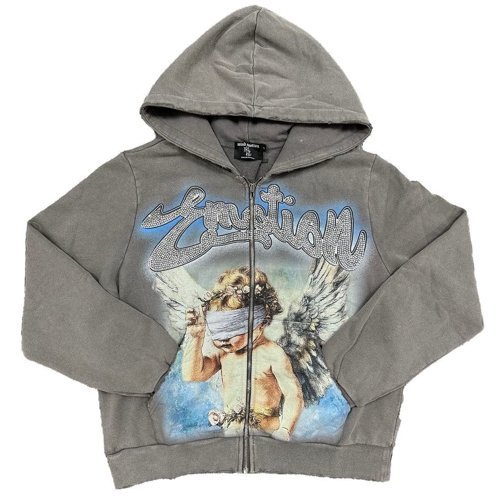 Mixed Emotion Eye Covered Angel Rhinestone Hoodie (Grey)