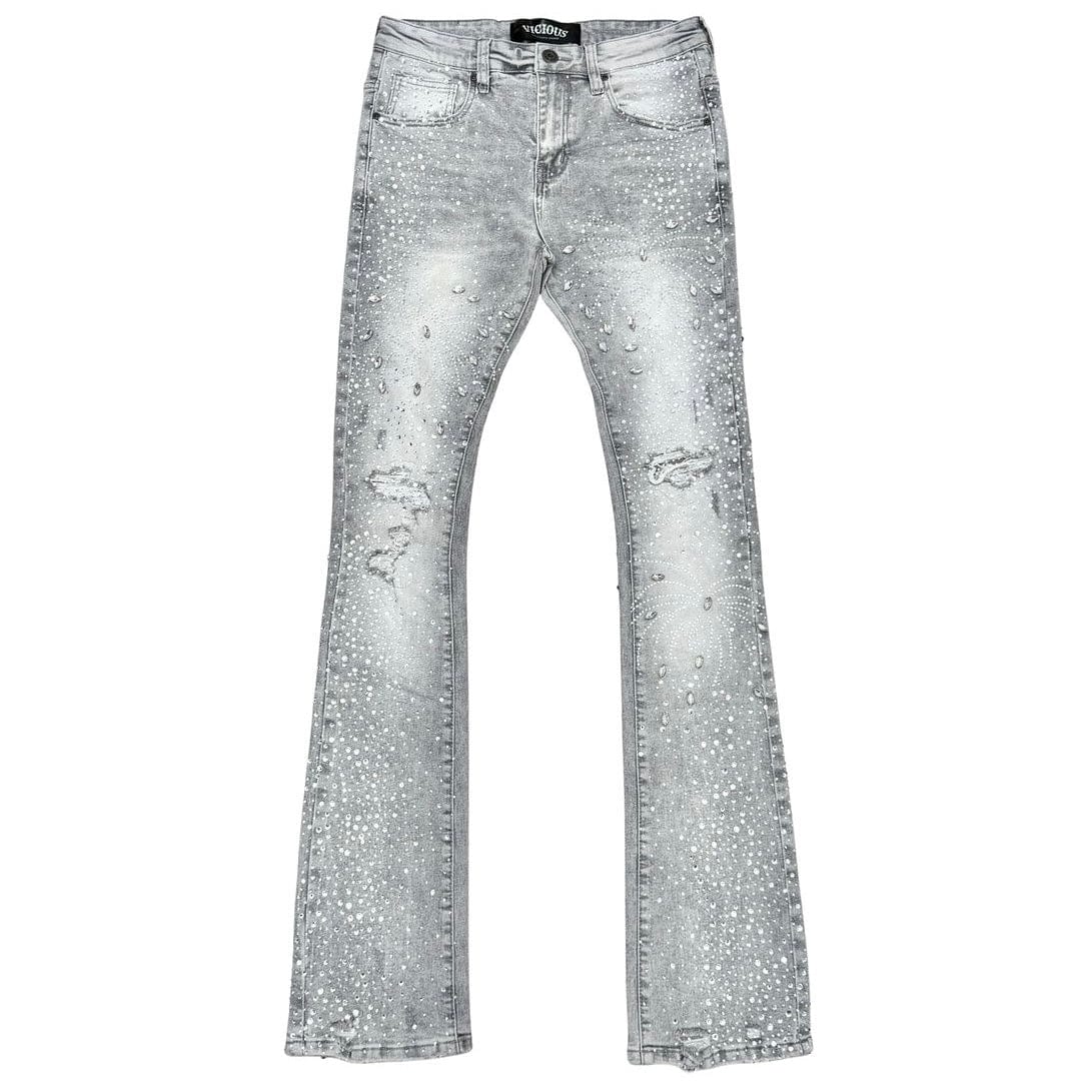 Vicious Denim Embellished Rhinestone Flared Denim (Light Grey) VC951